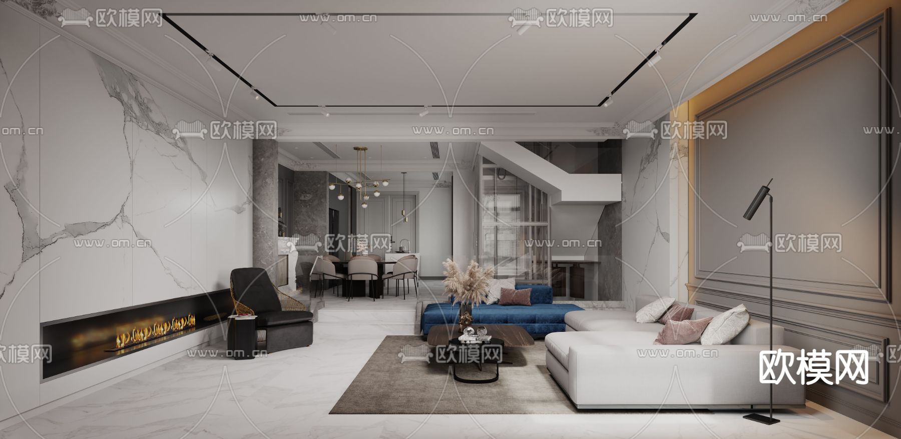 现代客餐厅免费3d模型下载（渲染图1）