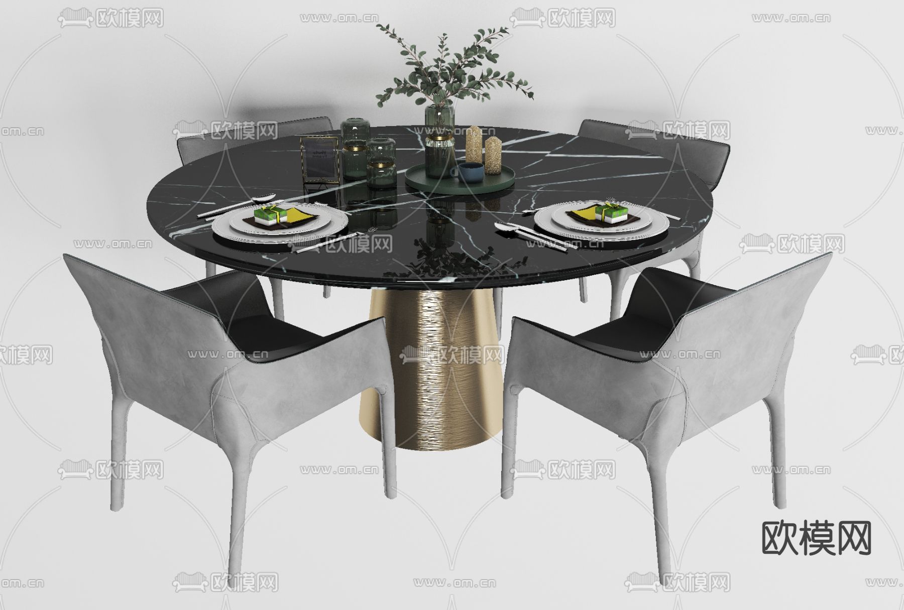 现代大理石台面餐桌椅免费3d模型下载