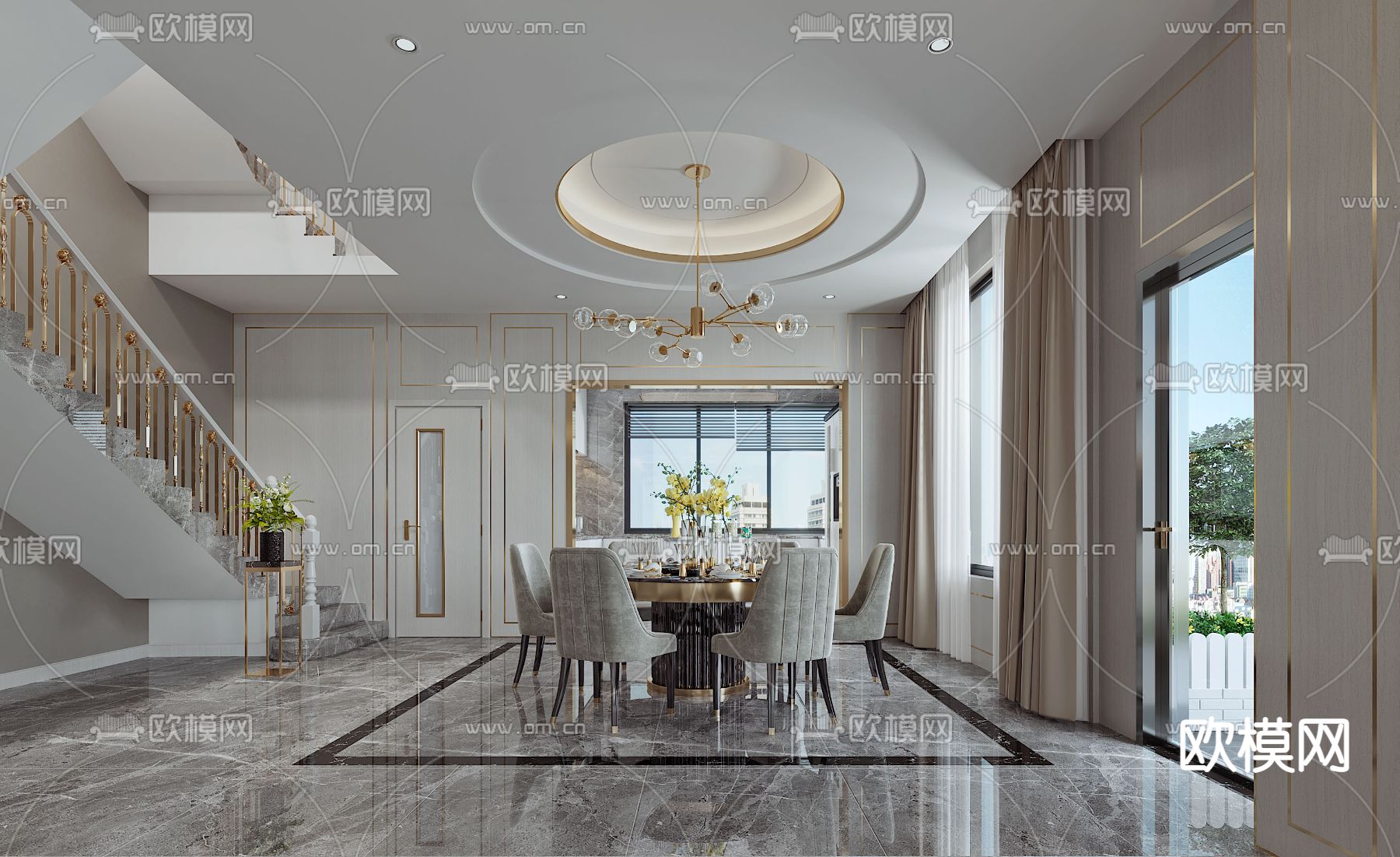 现代轻奢客餐厅免费3d模型下载（渲染图2）