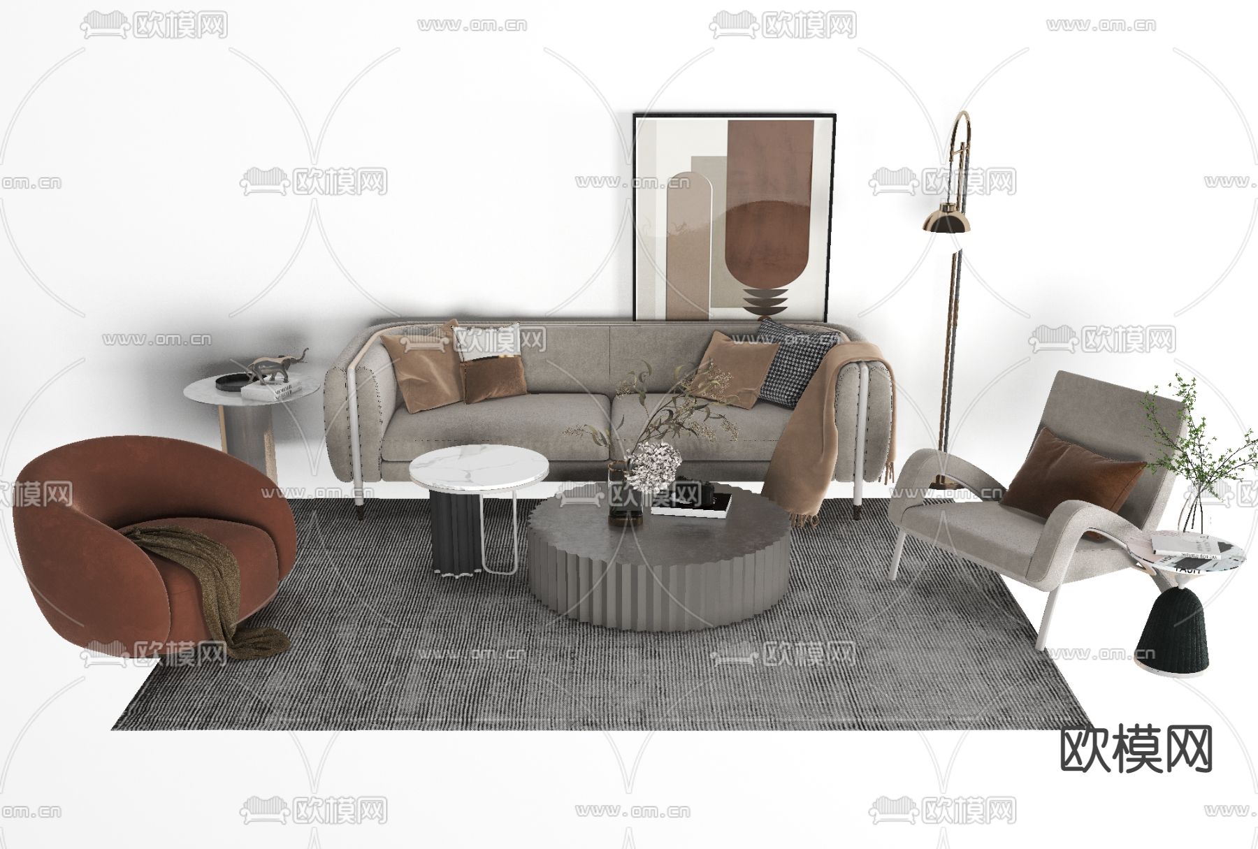 现代布艺组合沙发免费3d模型下载