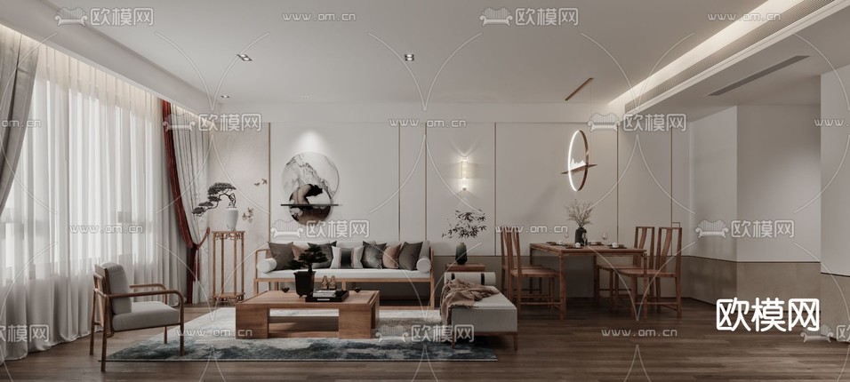 新中式客餐厅免费3d模型下载_ID11618525_3dmax免费模型-欧模网