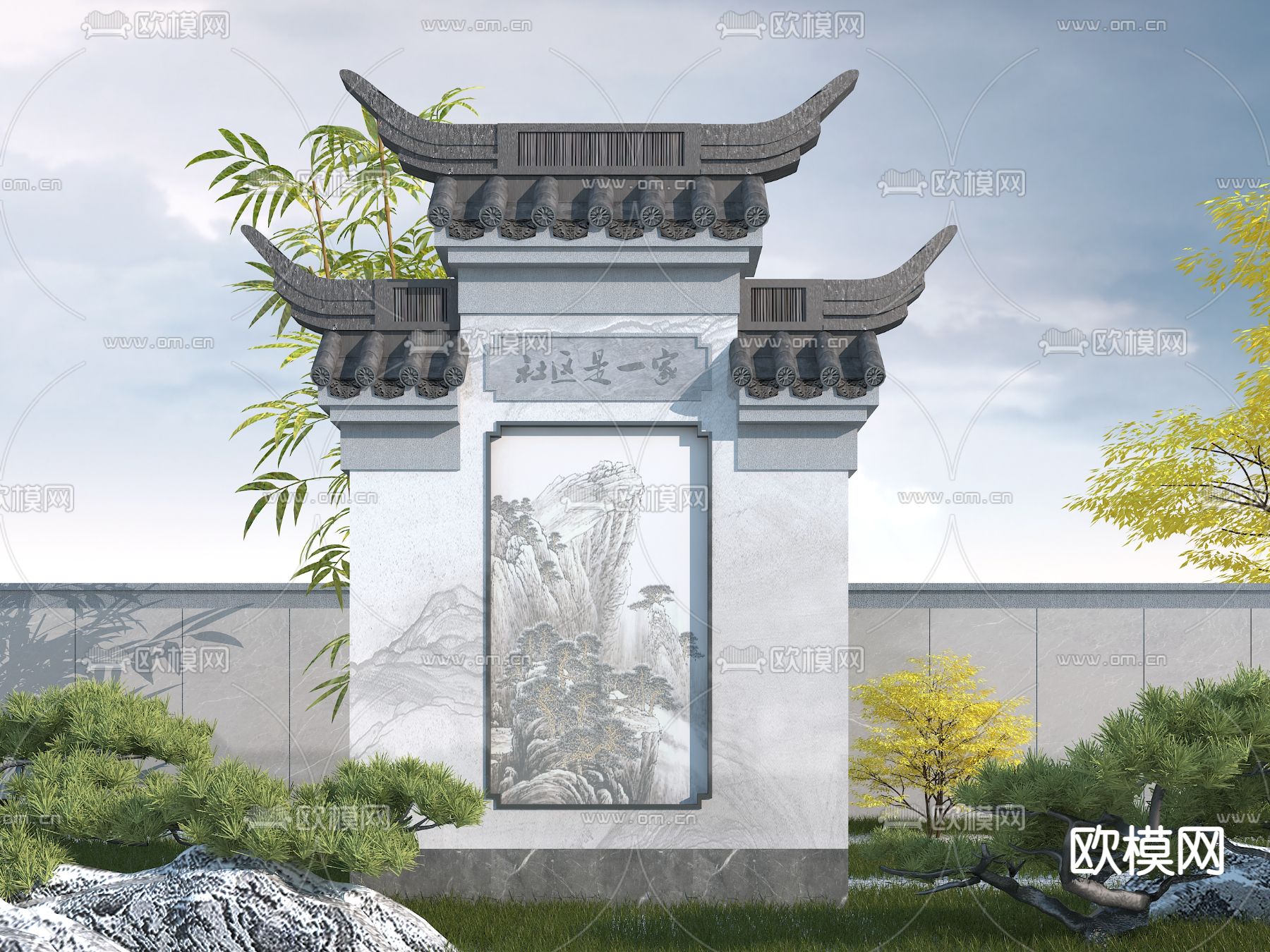 中式景观墙影壁墙3d模型下载