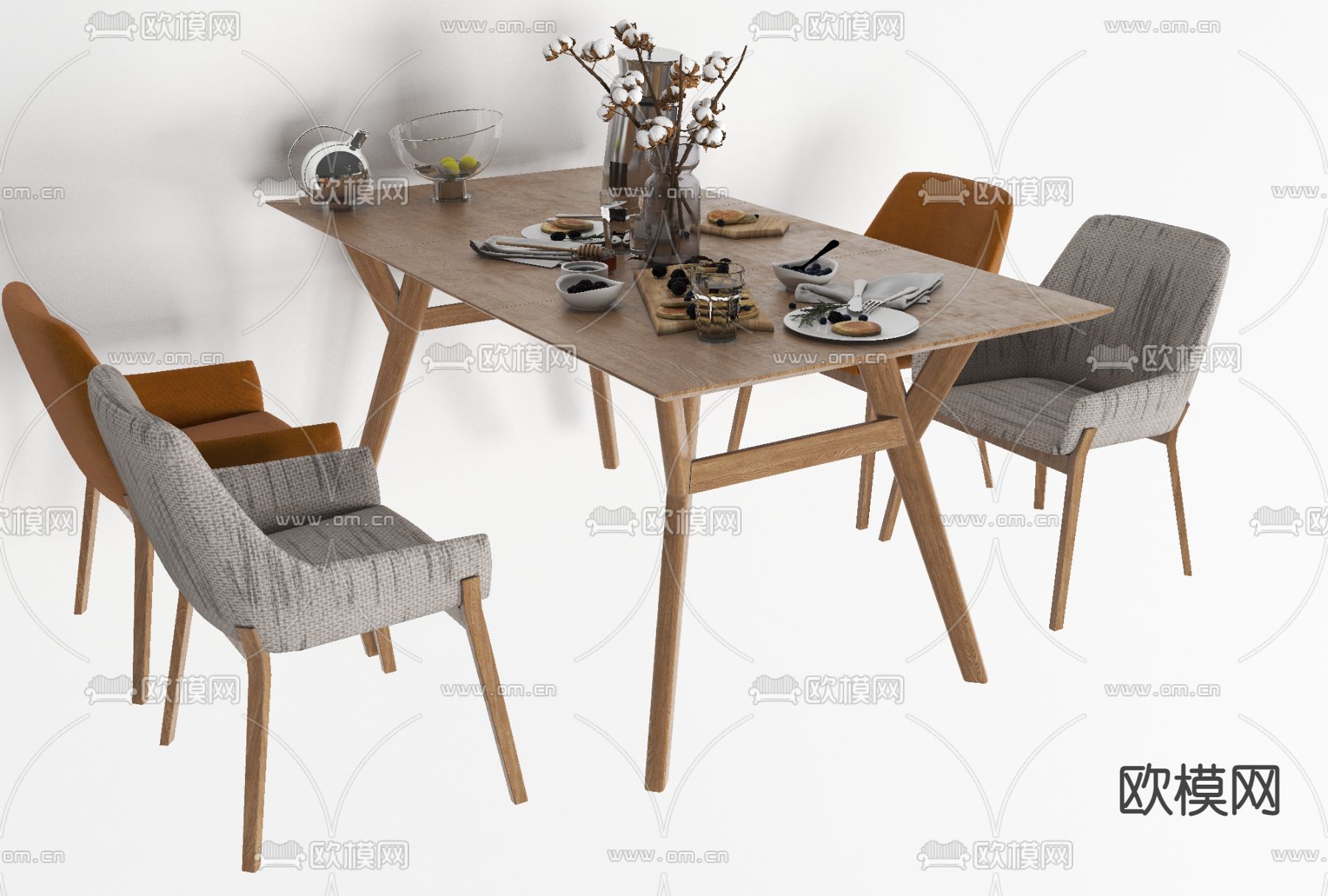 北欧实木餐桌椅免费3d模型下载