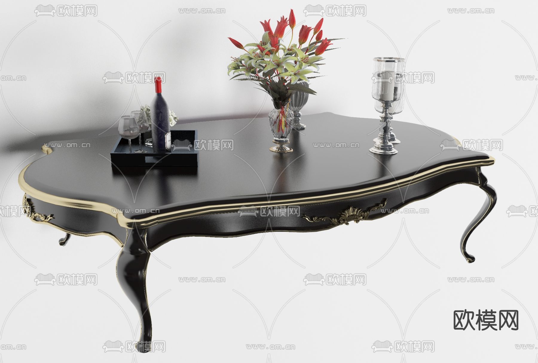 简欧黑色烤漆茶几免费3d模型下载