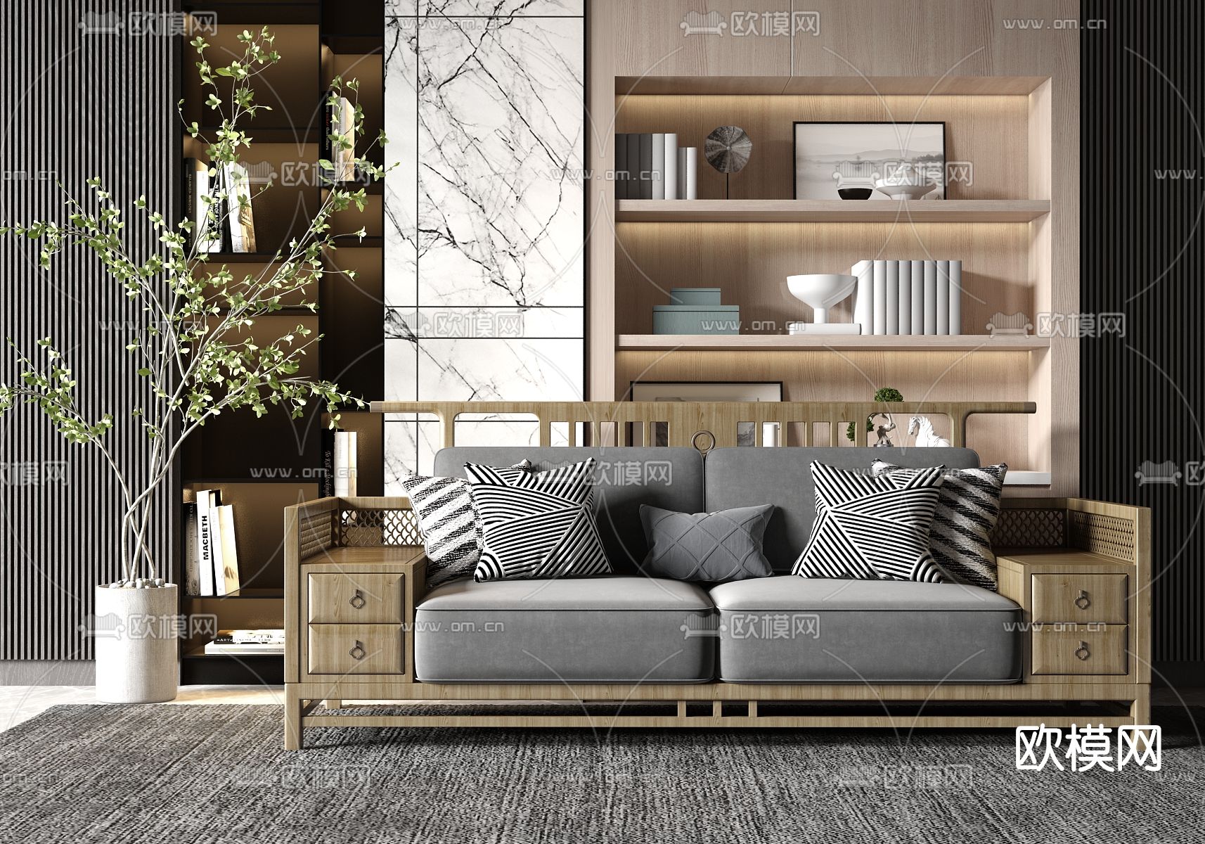 新中式实木双人沙发su模型下载（渲染图1）