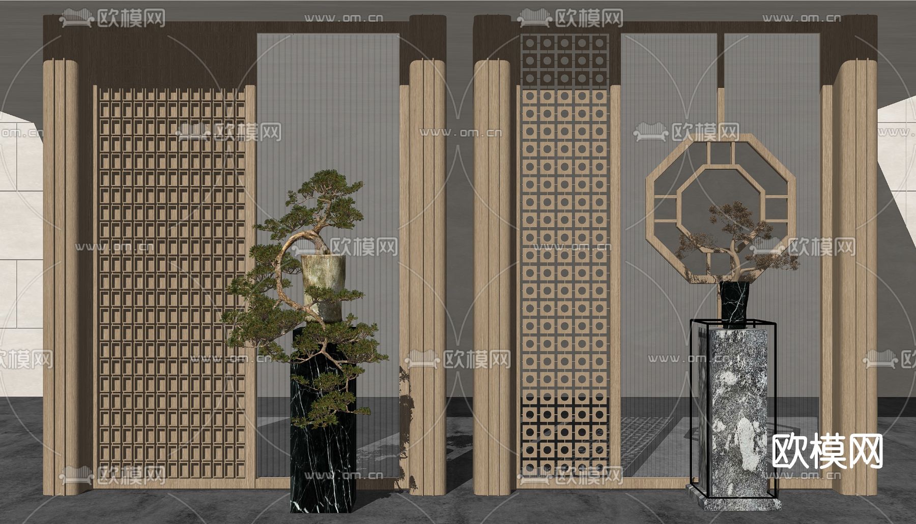 新中式玻璃屏风隔断su模型下载（渲染图2）