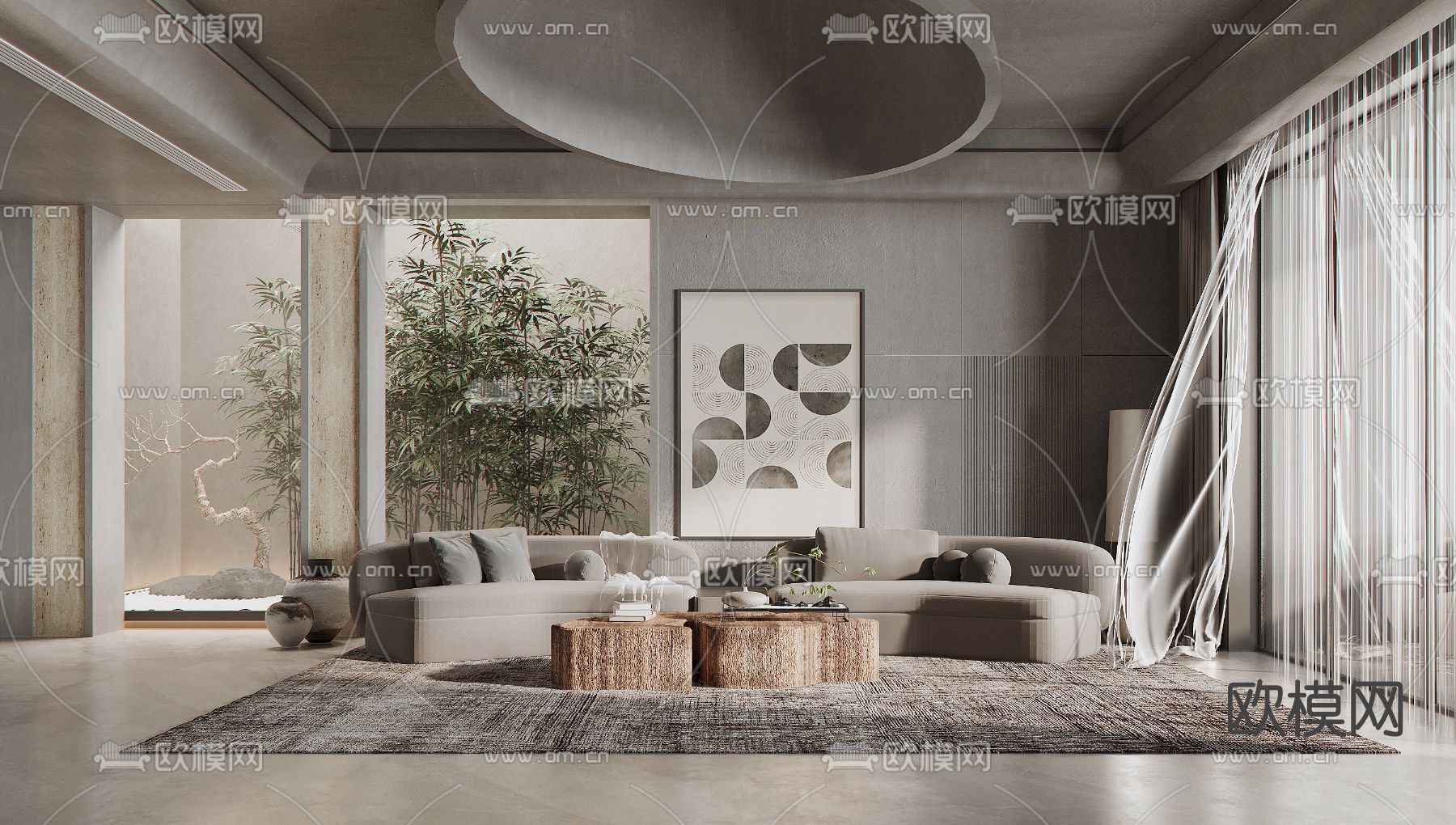 侘寂风布艺沙发组合su模型下载（渲染图1）