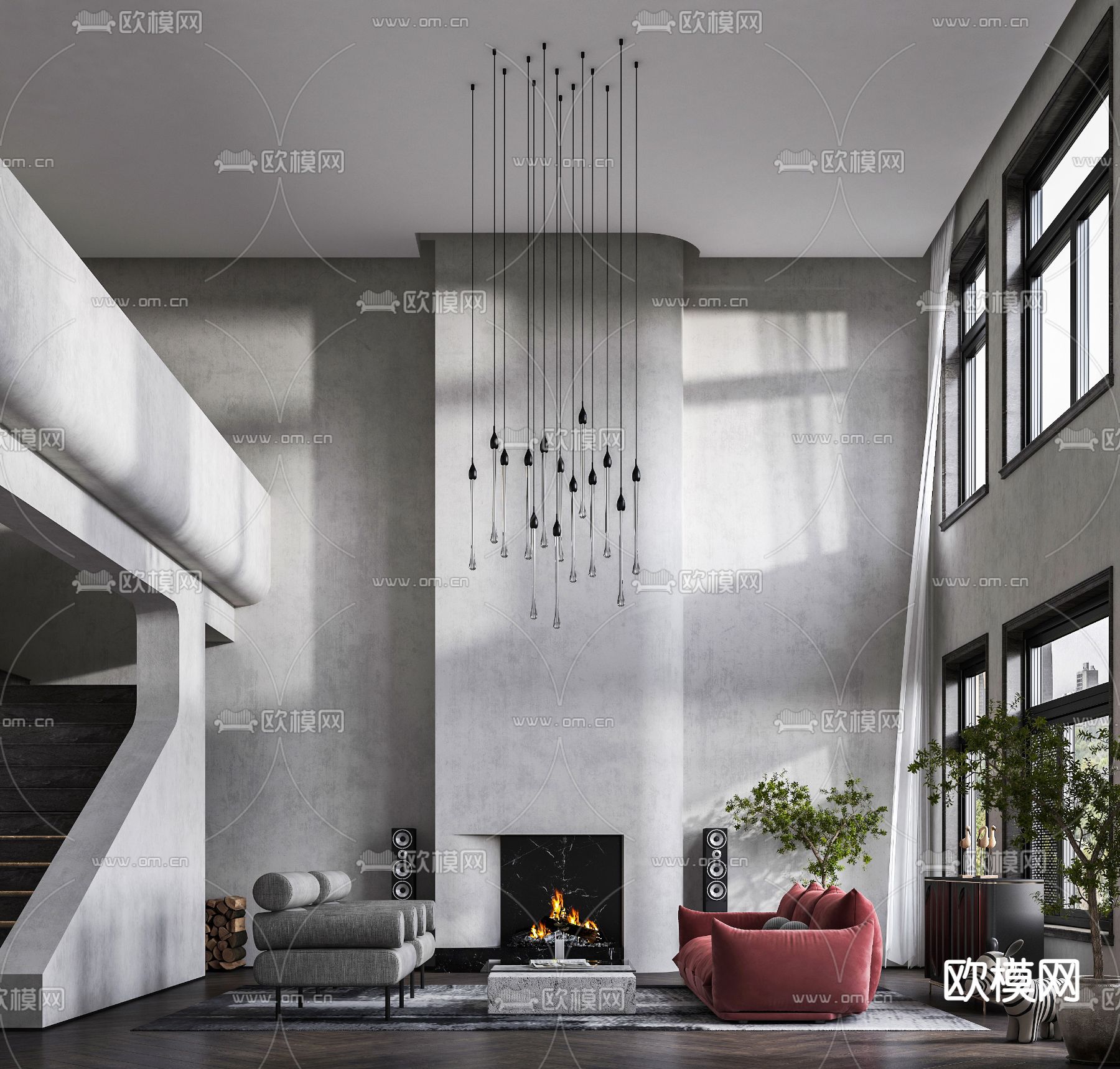 现代高级灰别墅客厅3d模型下载（渲染图1）