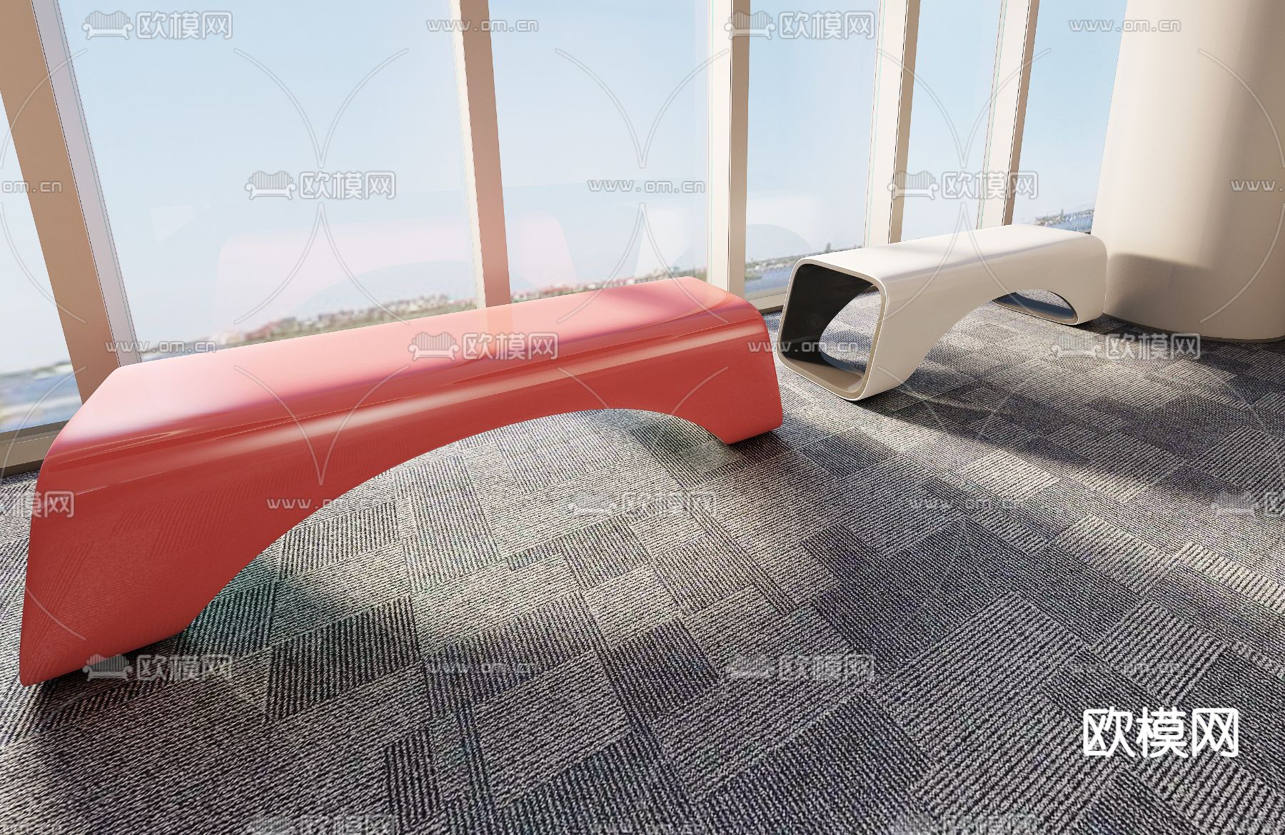 现代烤漆公共长凳3d模型下载