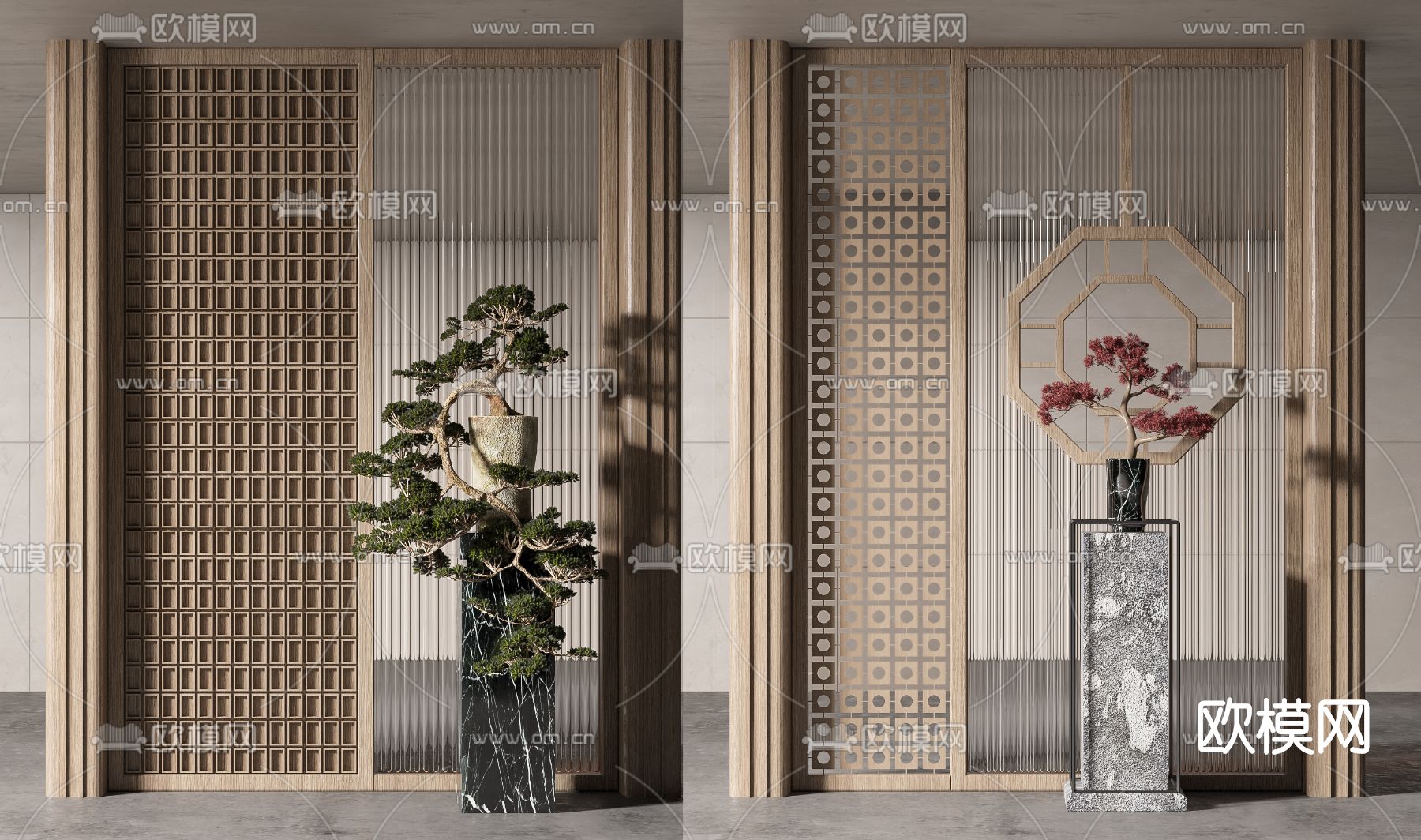 新中式玻璃屏风隔断su模型下载（渲染图1）