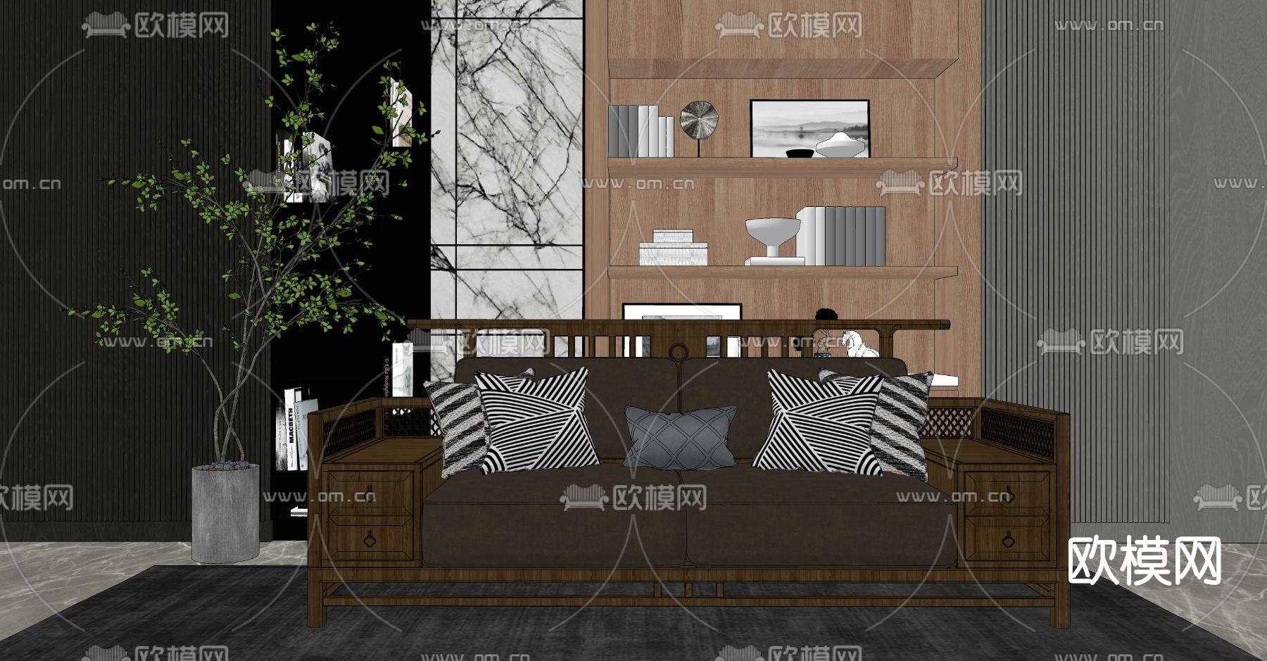 新中式实木双人沙发su模型下载（渲染图2）