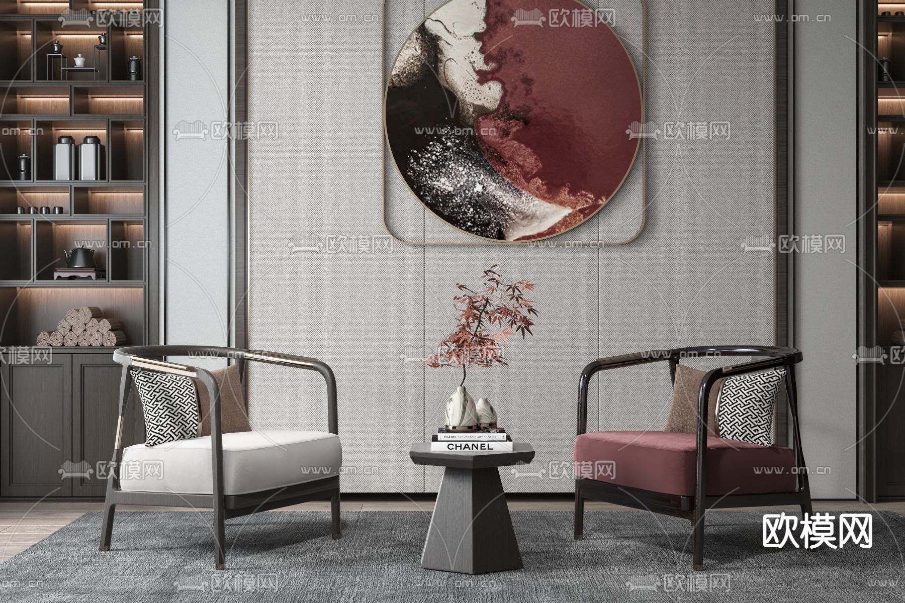 新中式布艺单人沙发3d模型下载