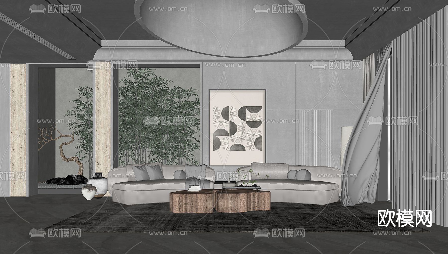 侘寂风布艺沙发组合su模型下载（渲染图2）