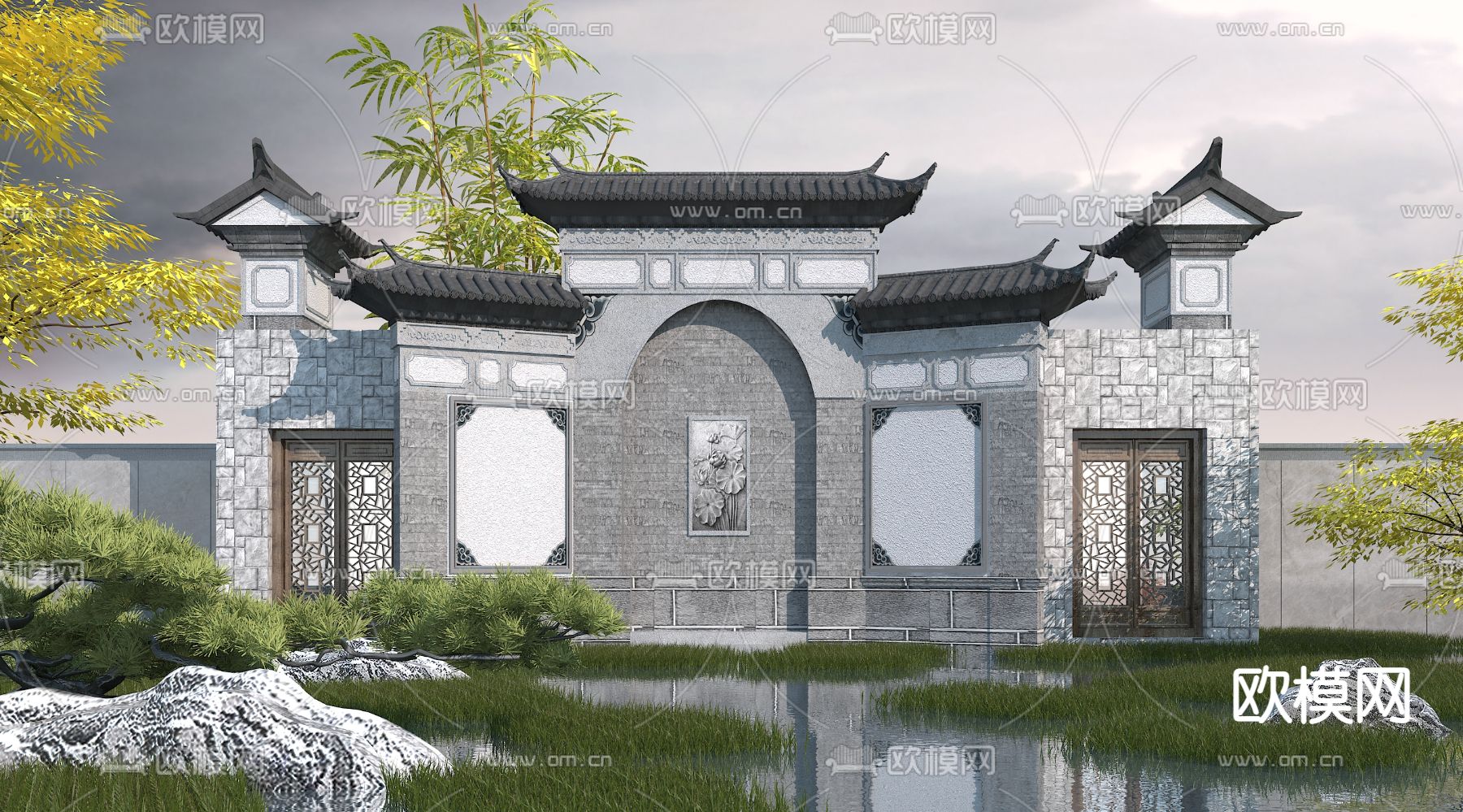 新中式景观墙3d模型