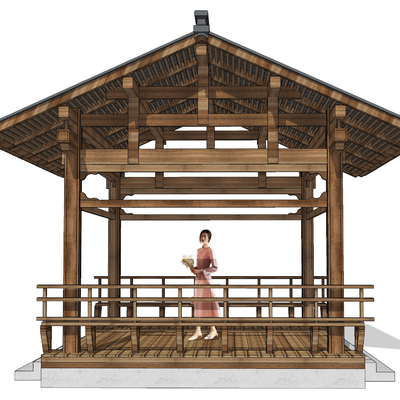 新中式实木凉亭su模型