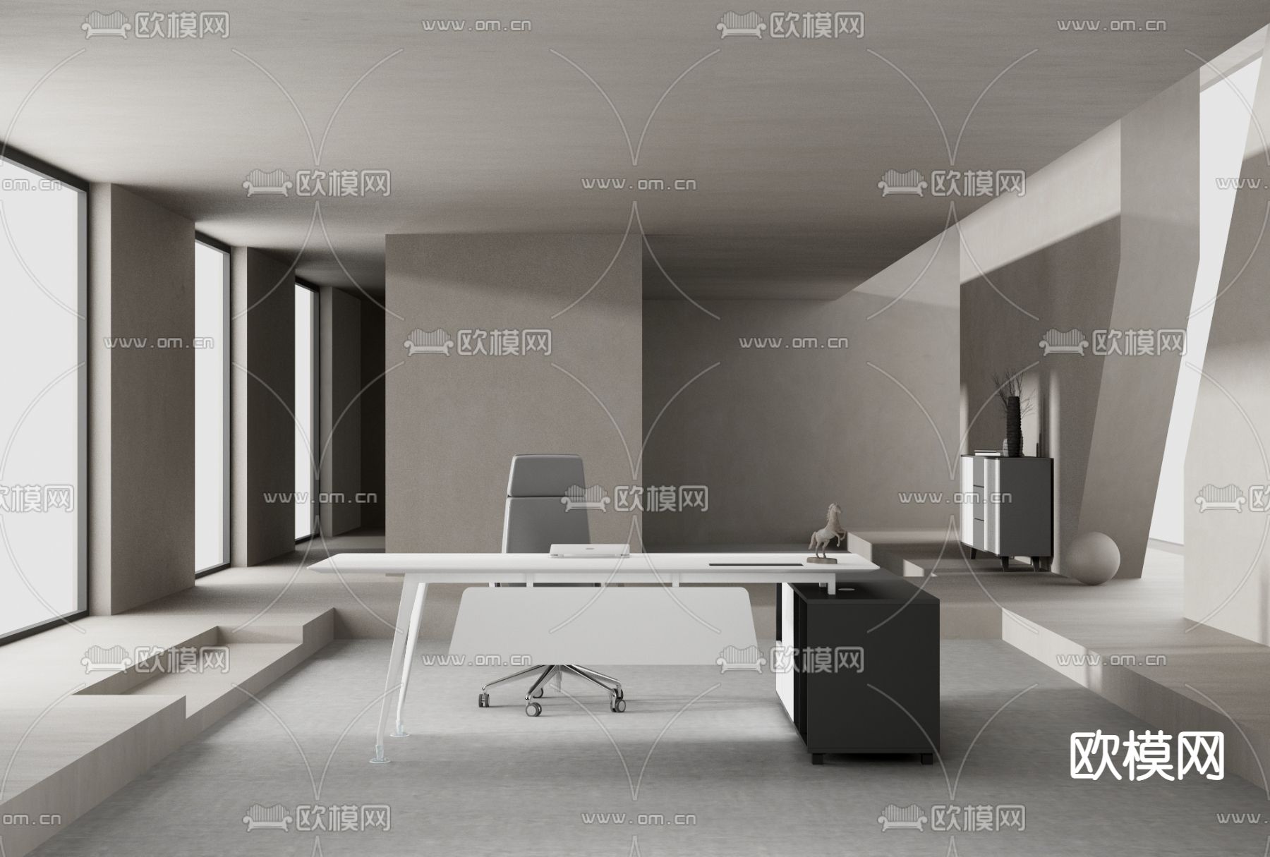现代办公班台桌椅3d模型下载（渲染图1）