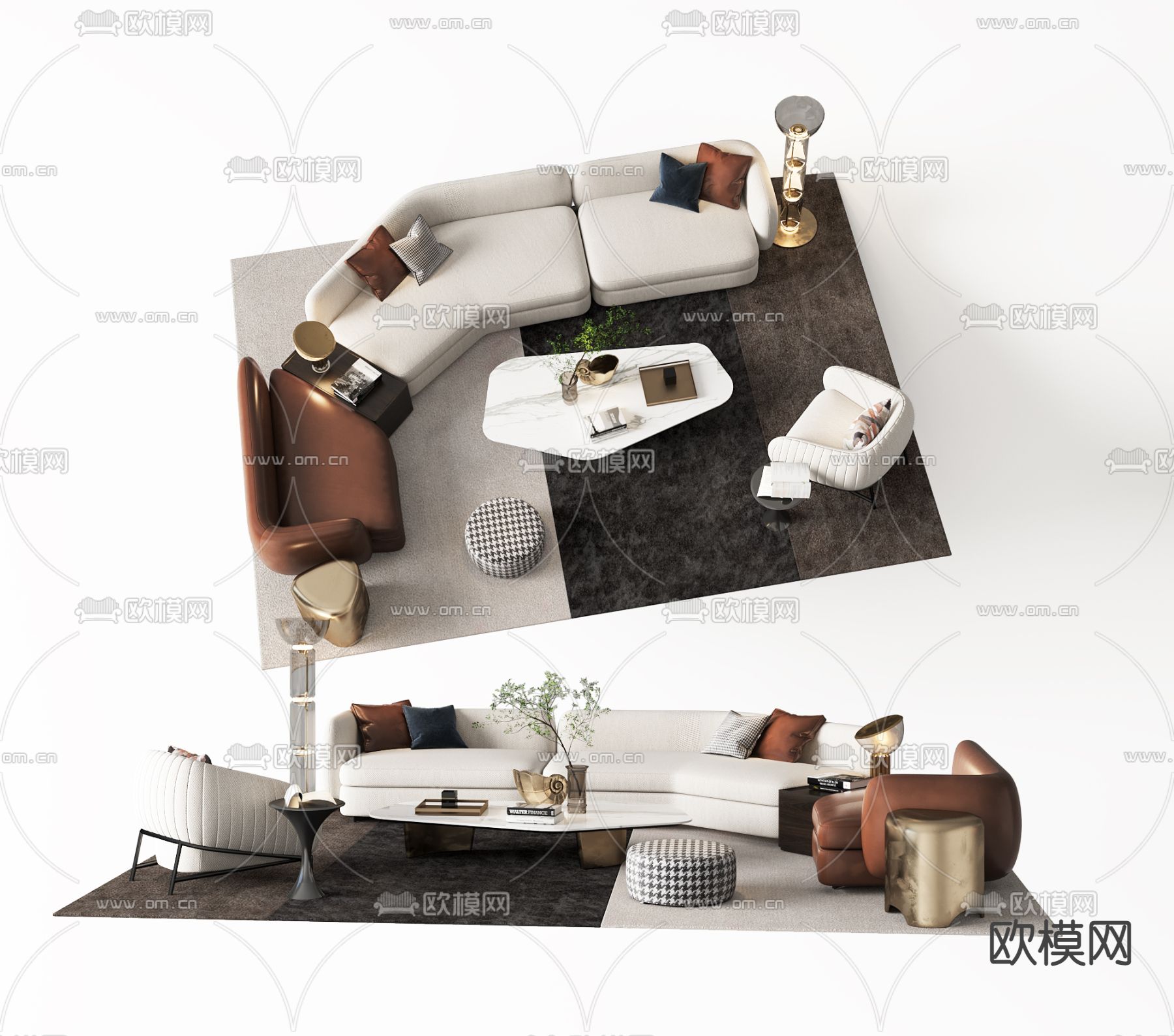 现代布艺弧形沙发组合3d模型下载