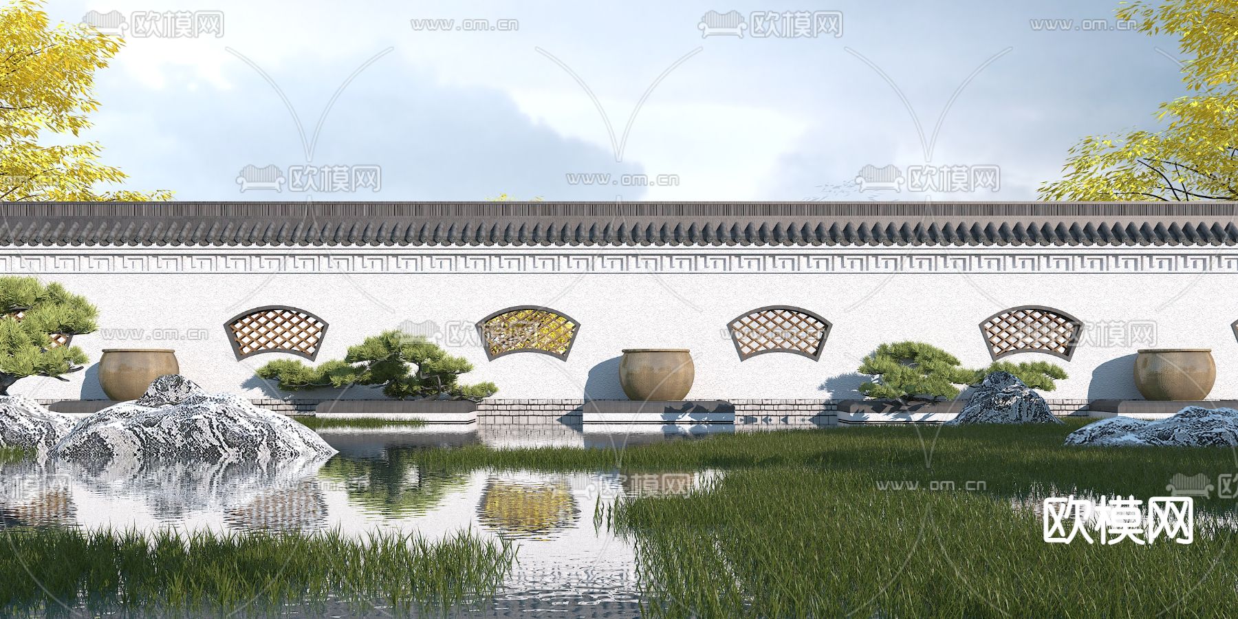 新中式围墙景观墙3d模型下载