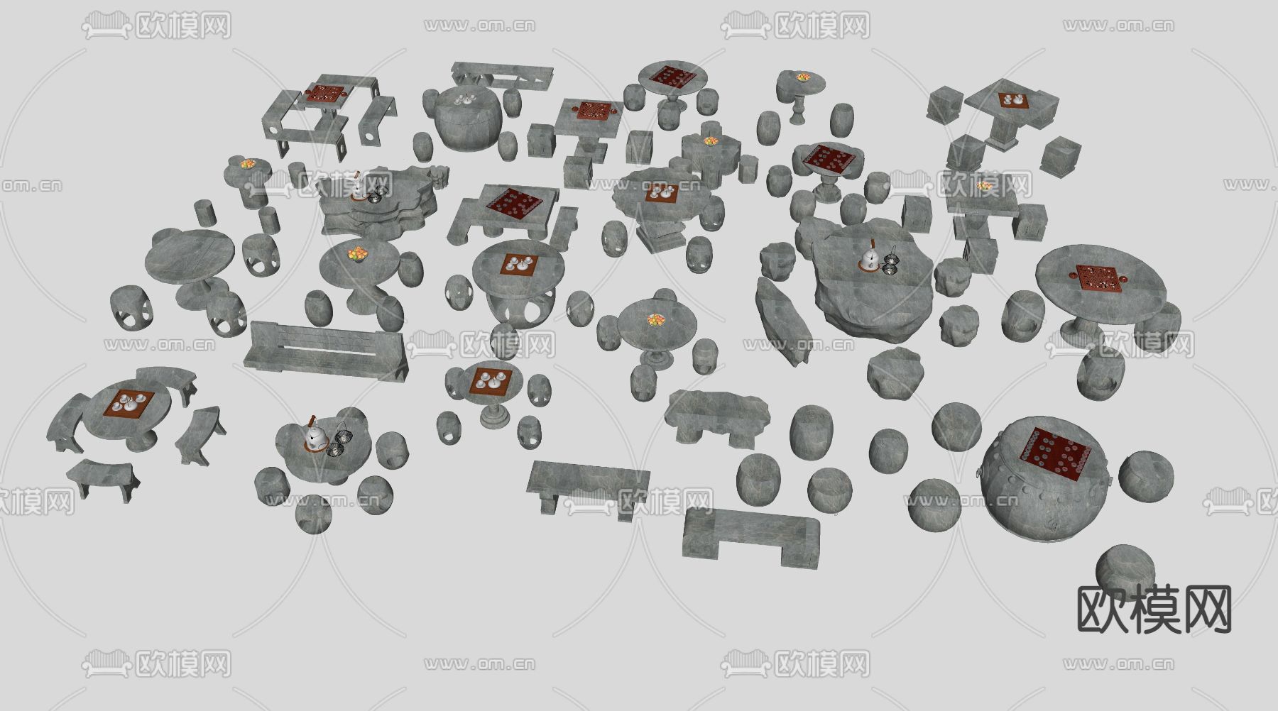 中式户外石桌椅茶壶su模型下载