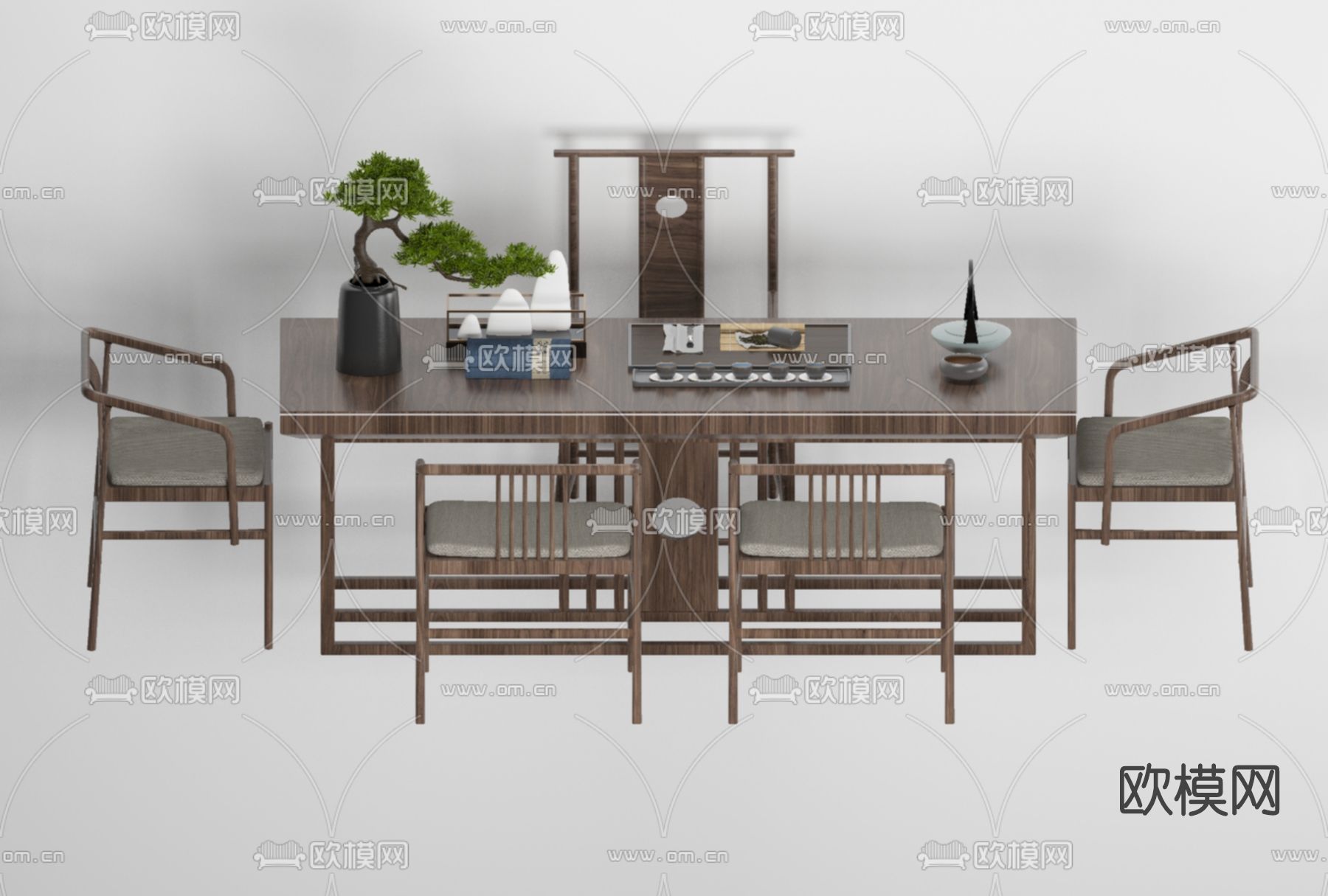 新中式实木茶桌椅免费3d模型下载