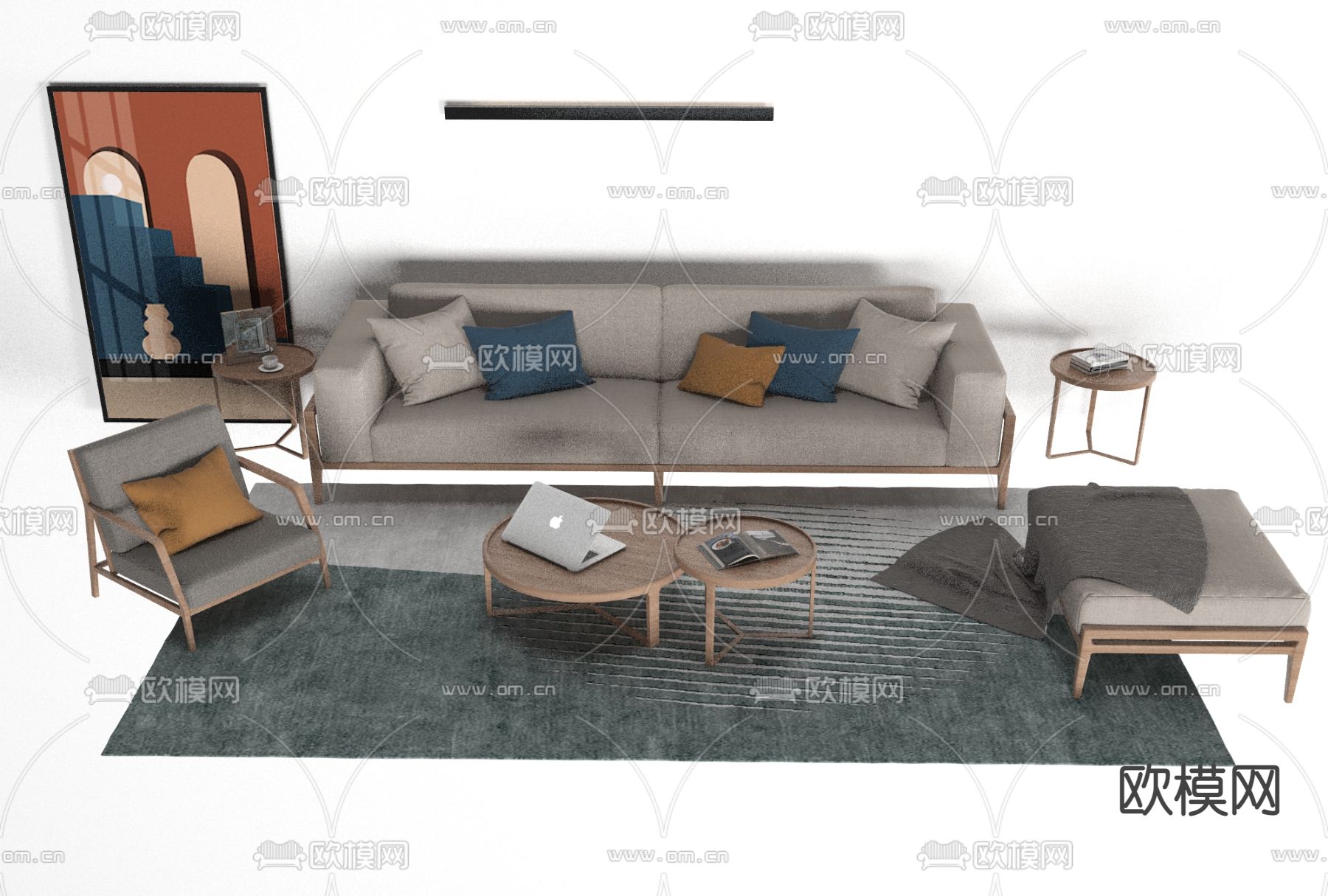 北欧布艺组合沙发免费3d模型下载