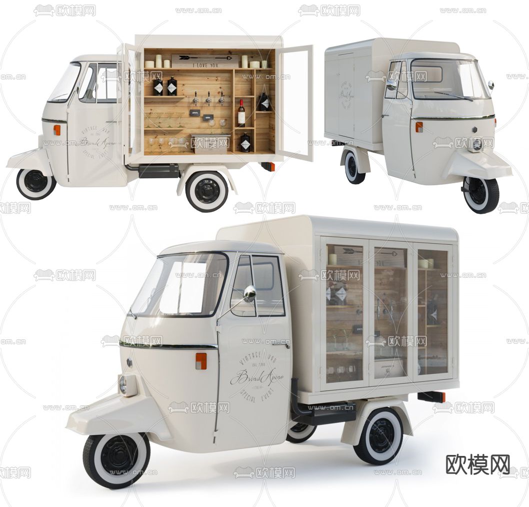 美式红酒售货车三轮车3d模型下载（渲染图1）