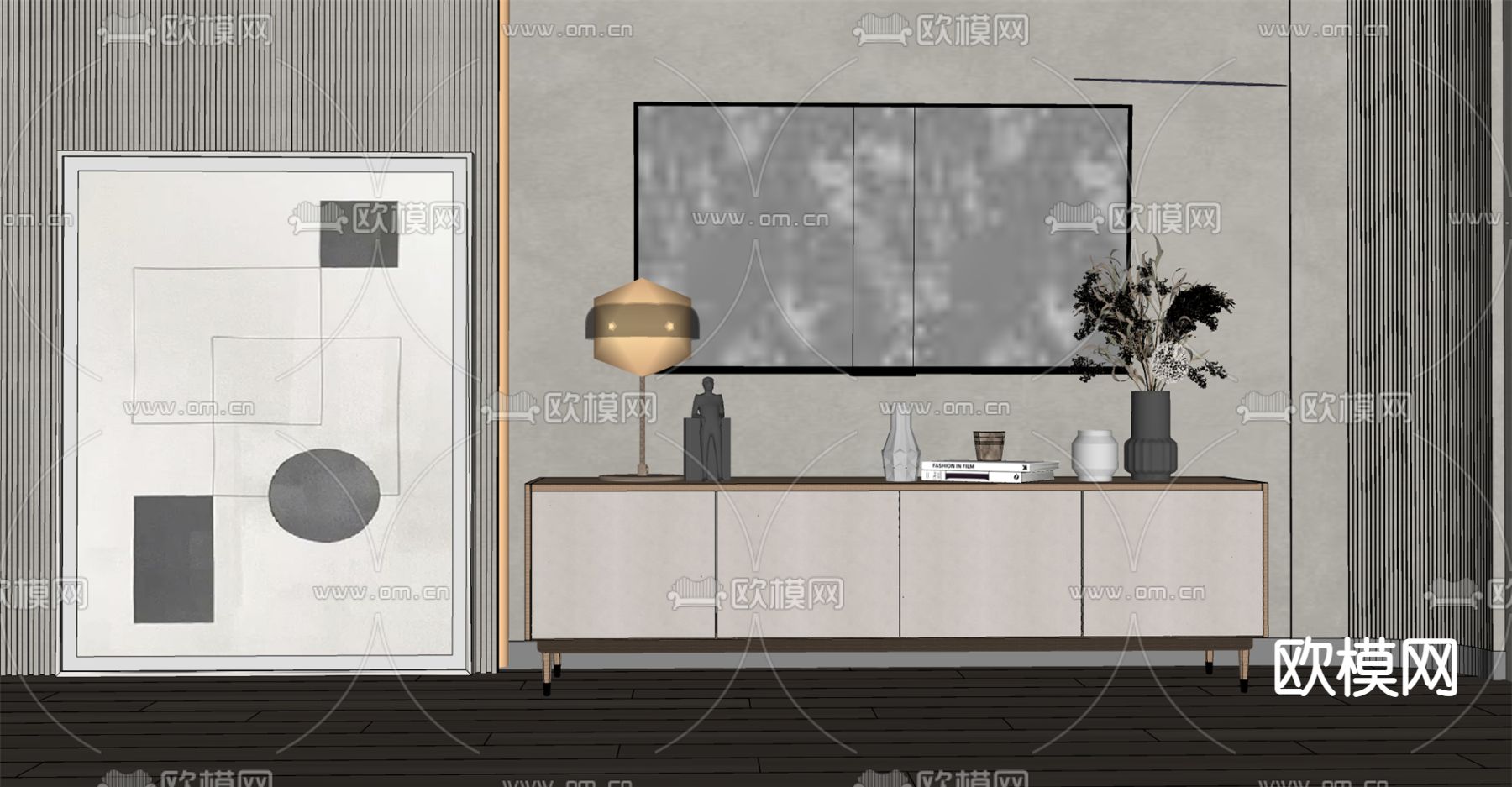 现代轻奢电视柜su模型下载（渲染图2）