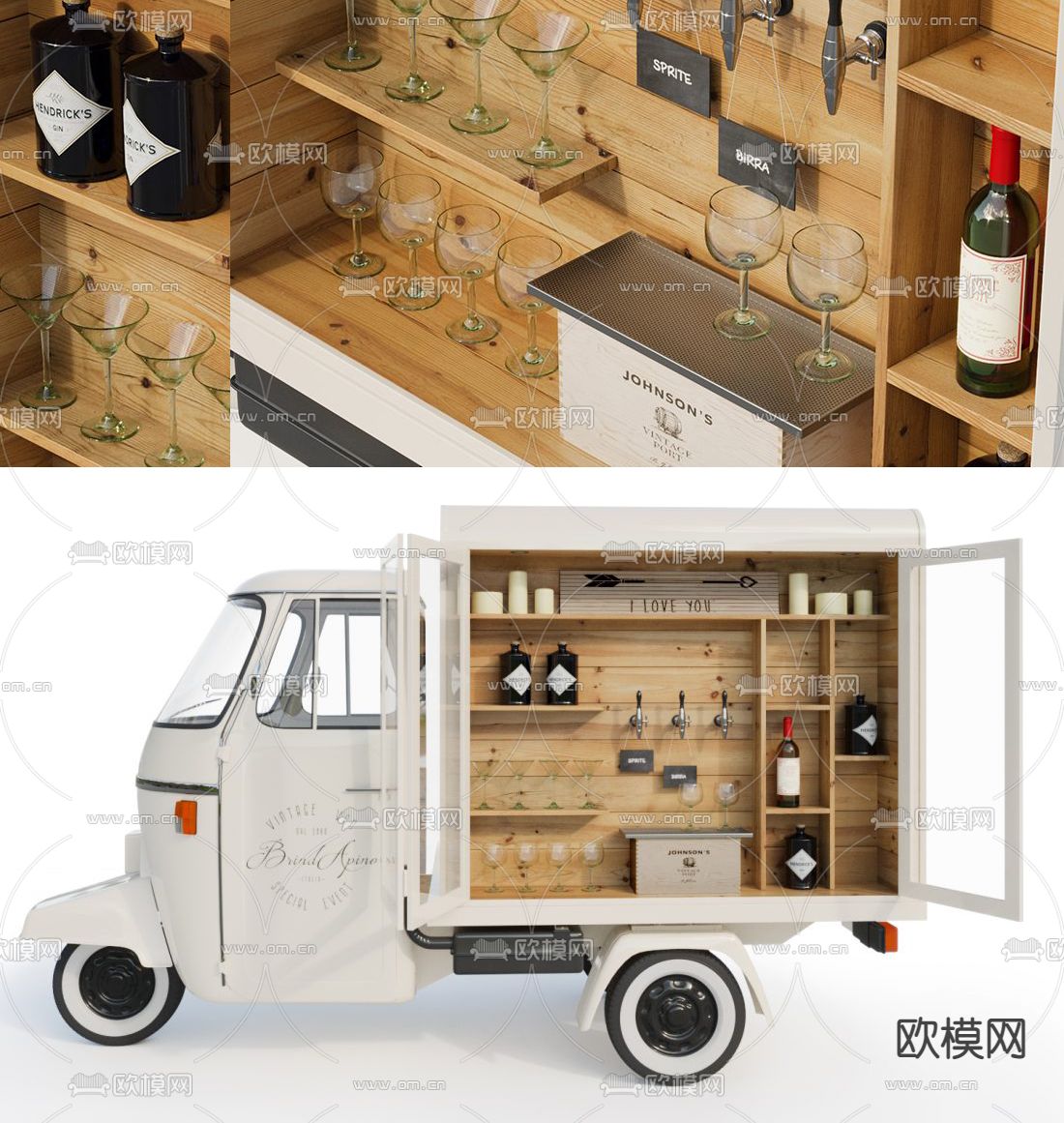 美式红酒售货车三轮车3d模型下载（渲染图2）