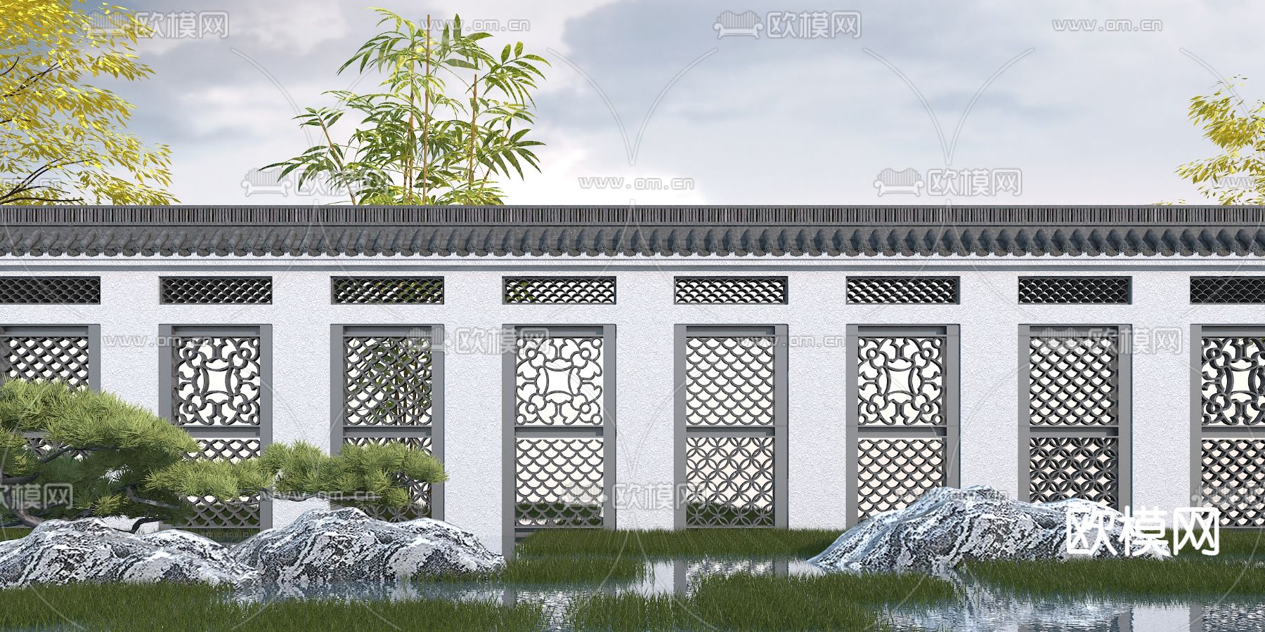 新中式景观墙围墙3d模型下载