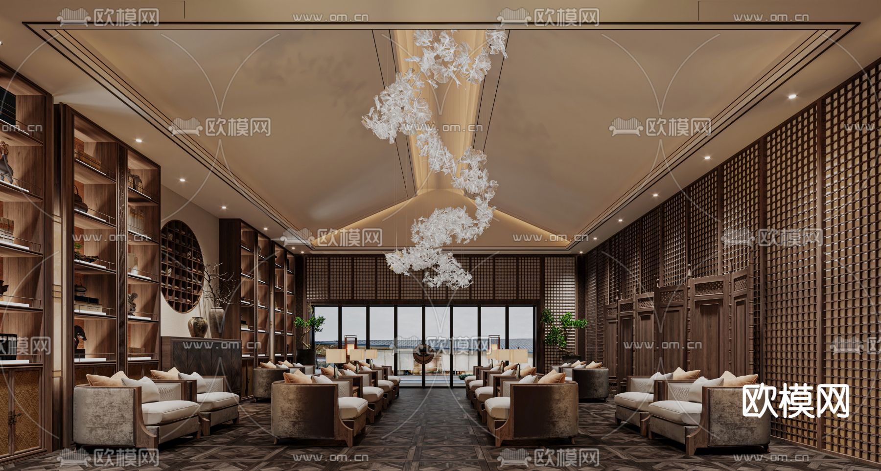 新中式酒店会客室3d模型下载（渲染图1）