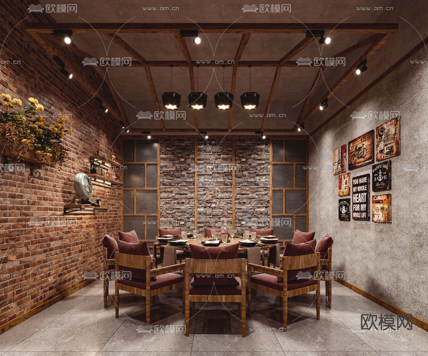工业风餐厅包房3d模型