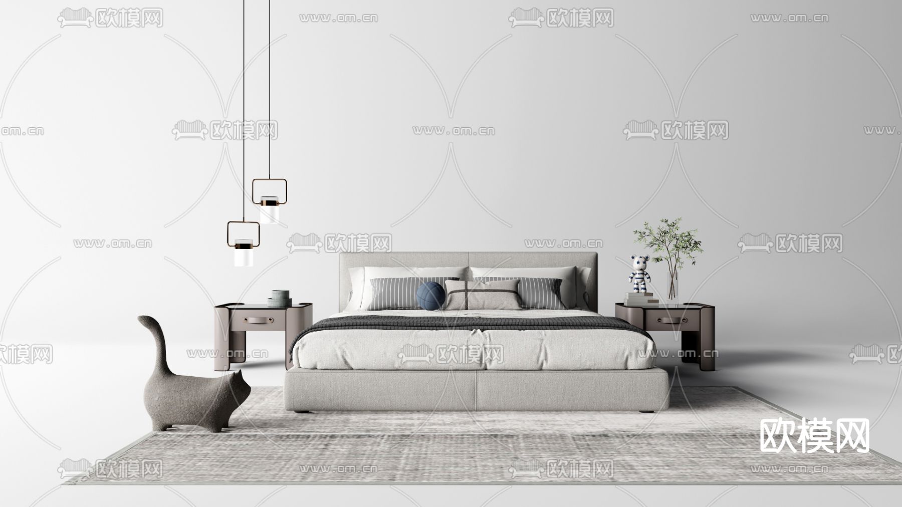 现代简约双人床su模型下载（渲染图1）