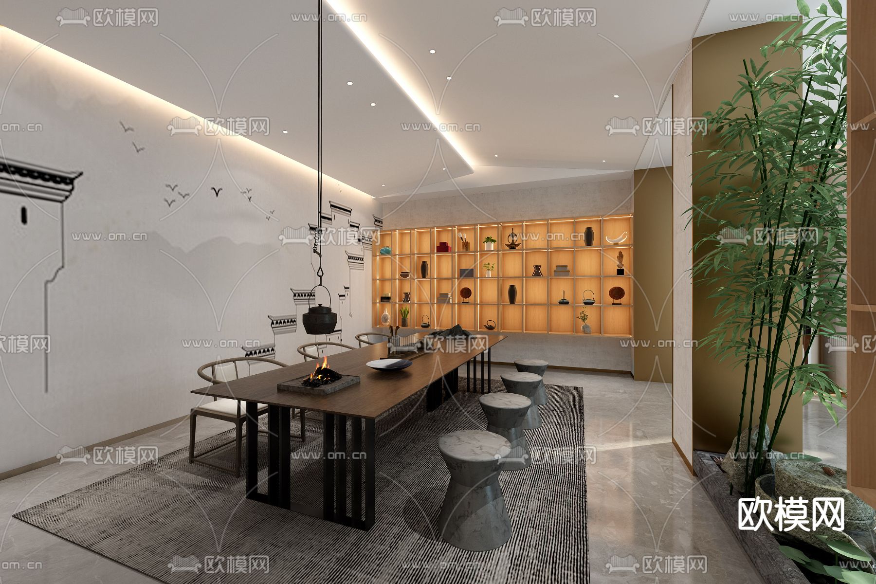 新中式商业茶室免费3d模型下载（渲染图1）