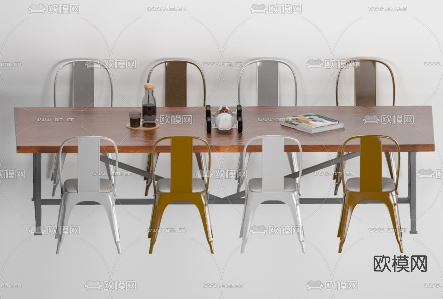 工业风实木餐桌椅免费3d模型下载