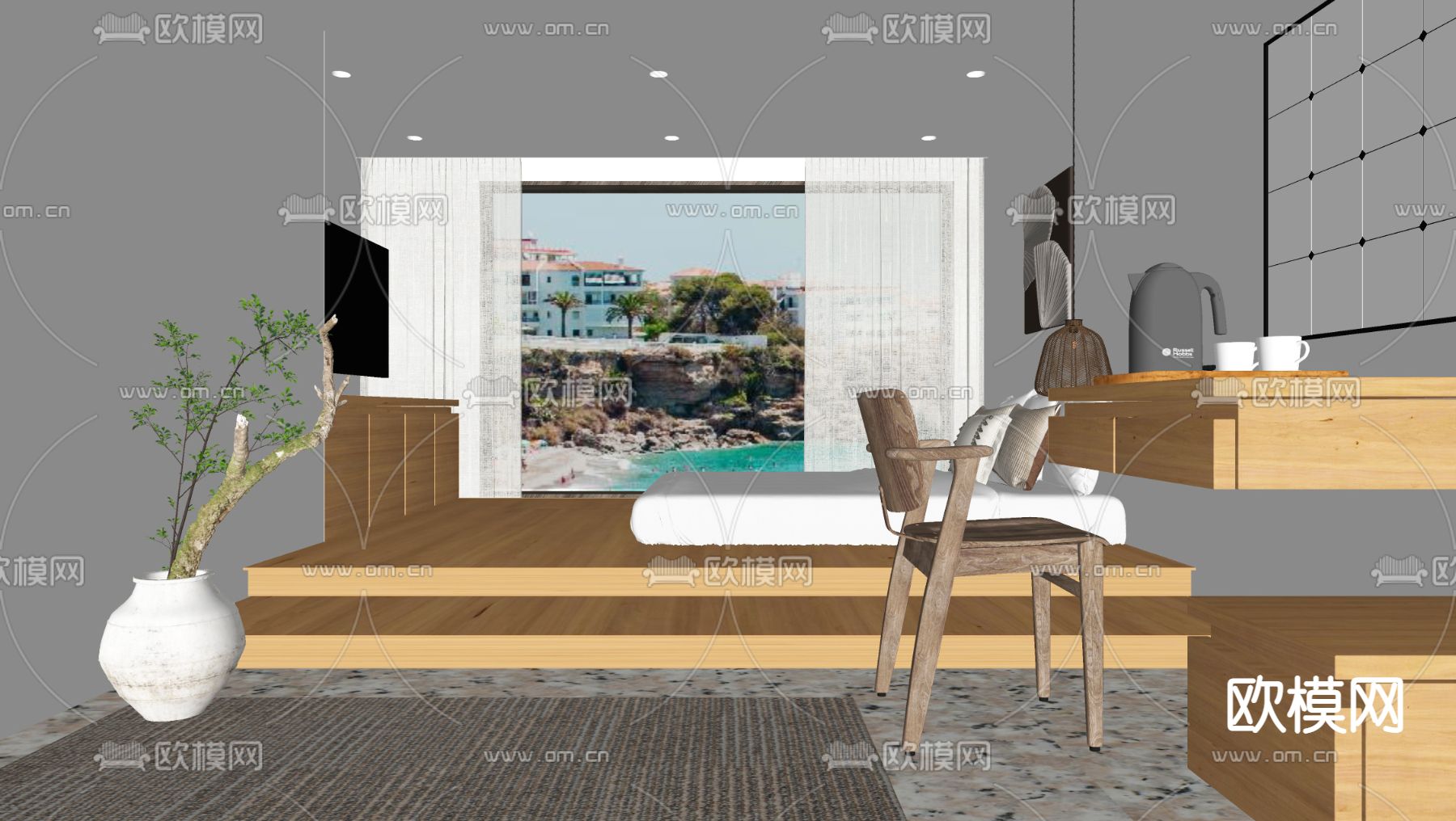 现代民宿客房su模型下载（渲染图2）