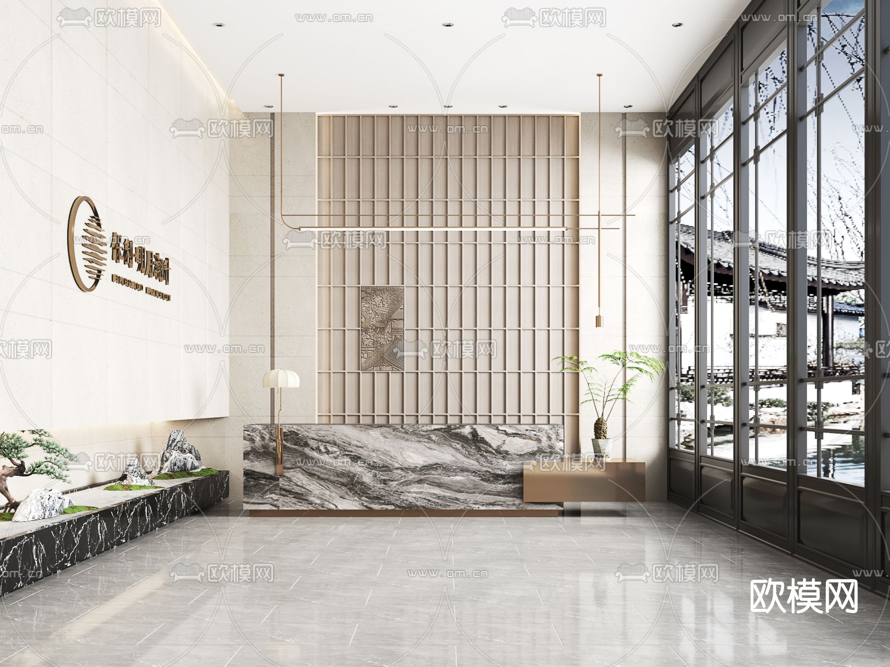 新中式大厅前台su模型下载（渲染图1）
