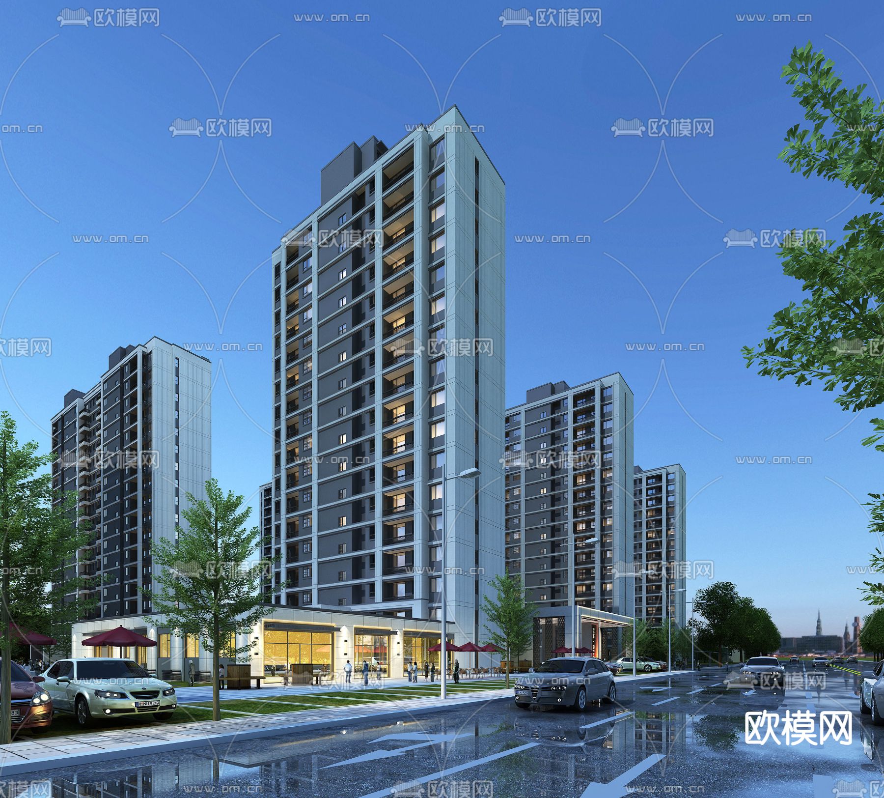 现代高层住宅楼夜景3d模型下载