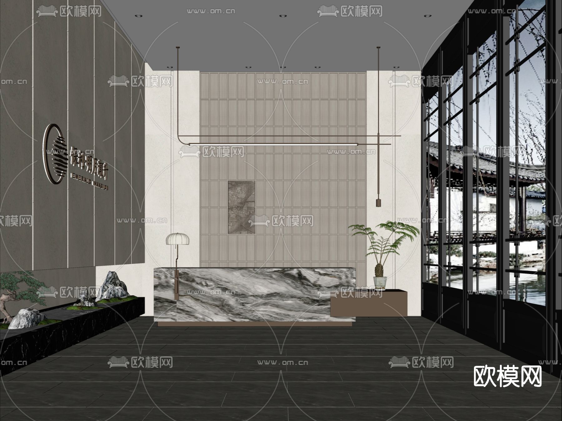 新中式大厅前台su模型下载（渲染图2）