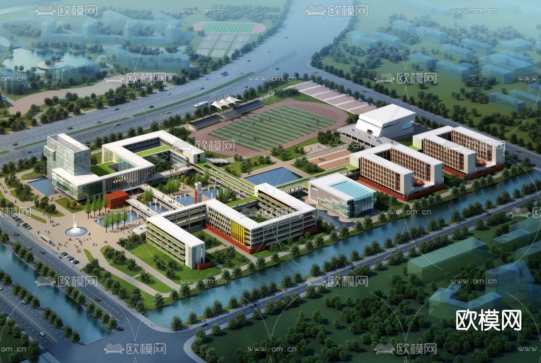 现代学校鸟瞰su模型下载（渲染图1）