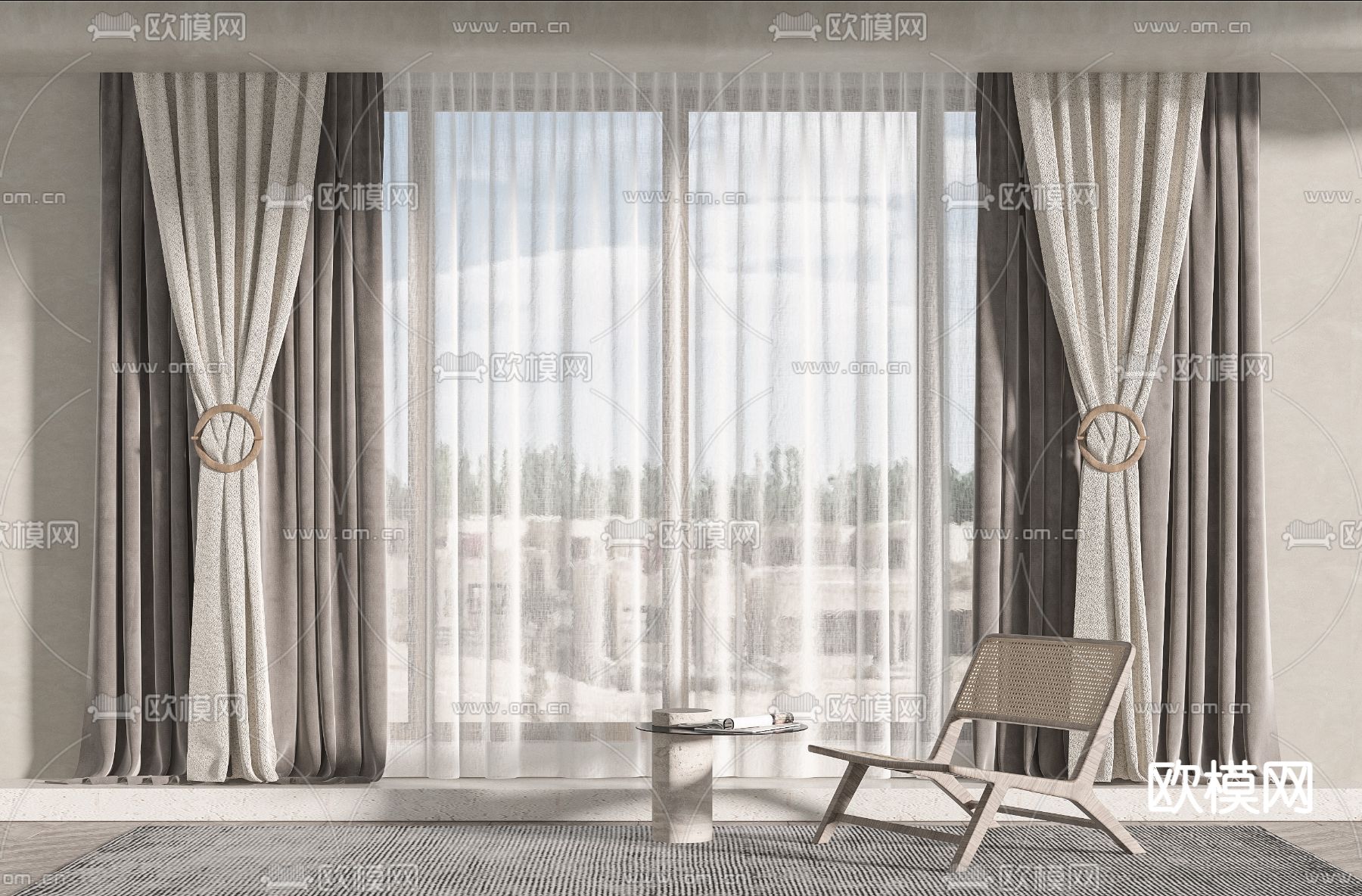 侘寂风布艺窗帘su模型下载（渲染图1）