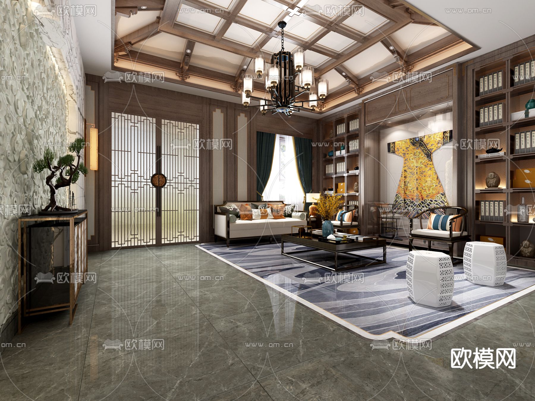 新中式酒店会客室免费3d模型下载