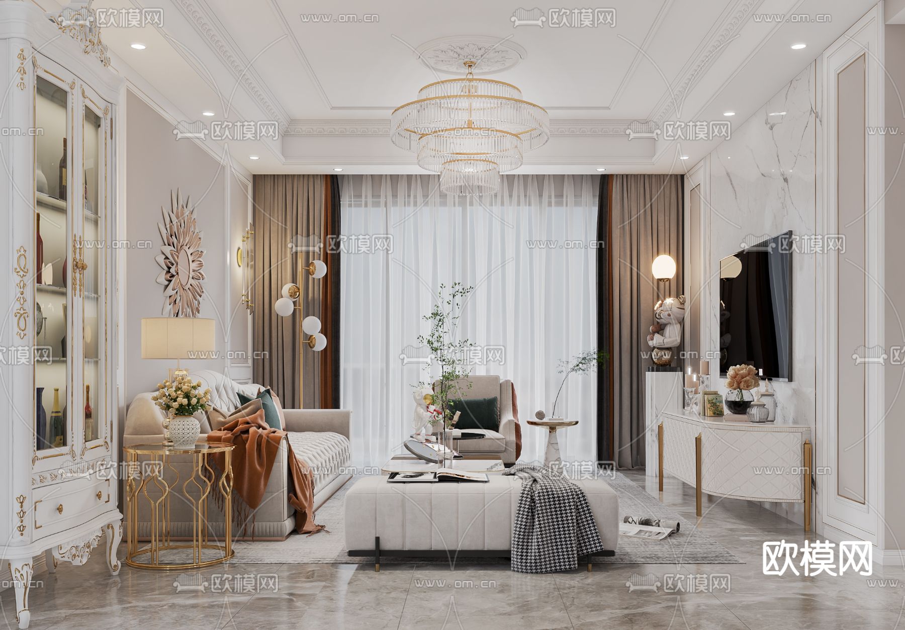 简欧轻奢客餐厅3d模型下载（渲染图2）