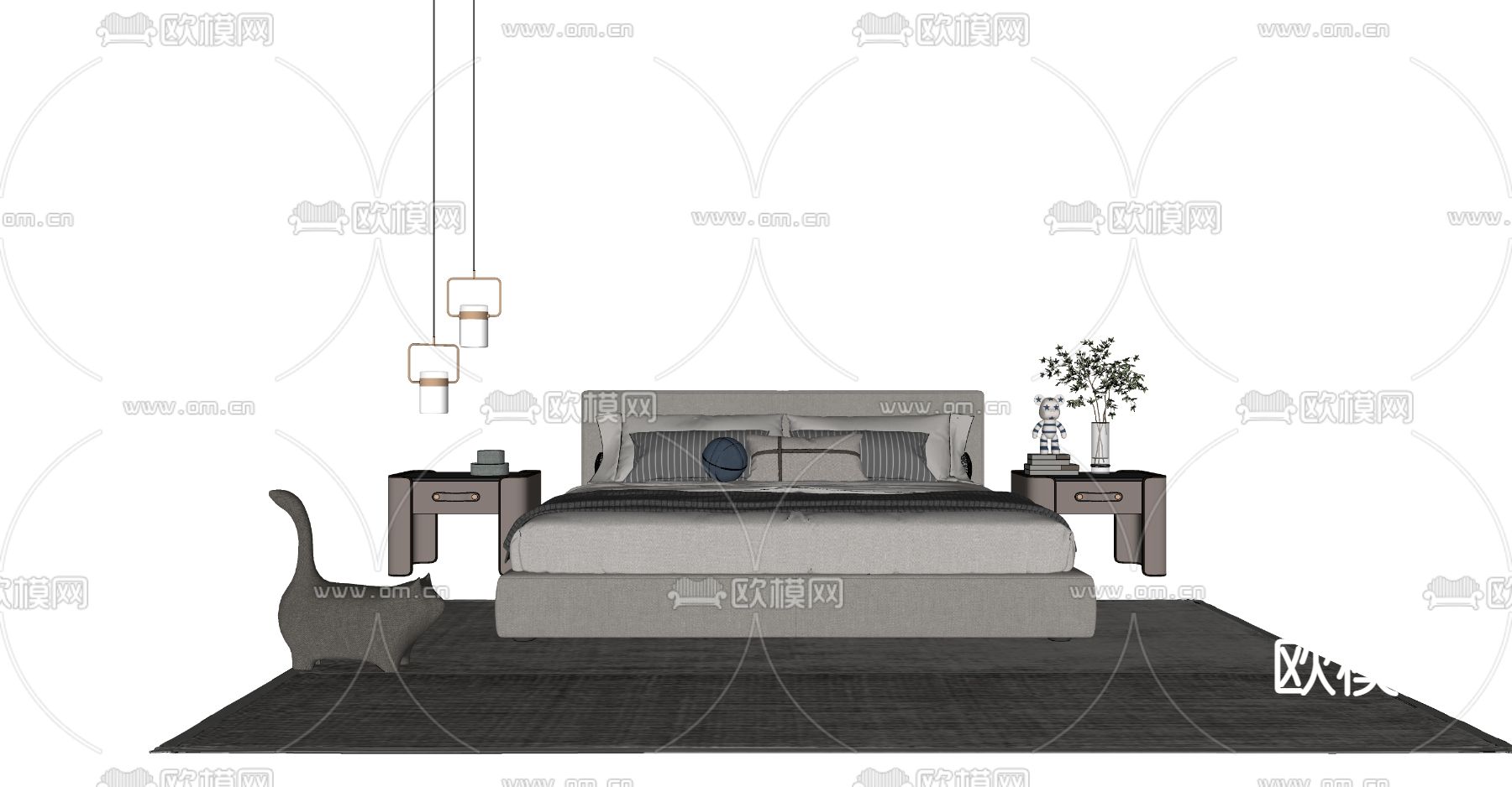 现代简约双人床su模型下载（渲染图2）