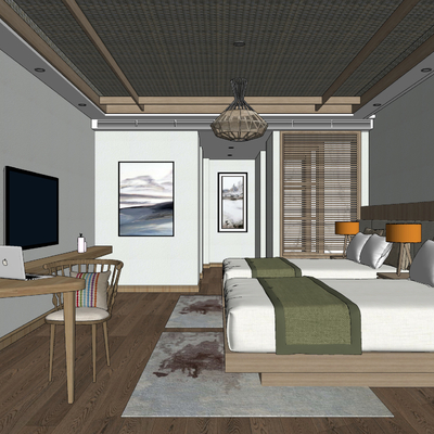  现代酒店客房su模型 