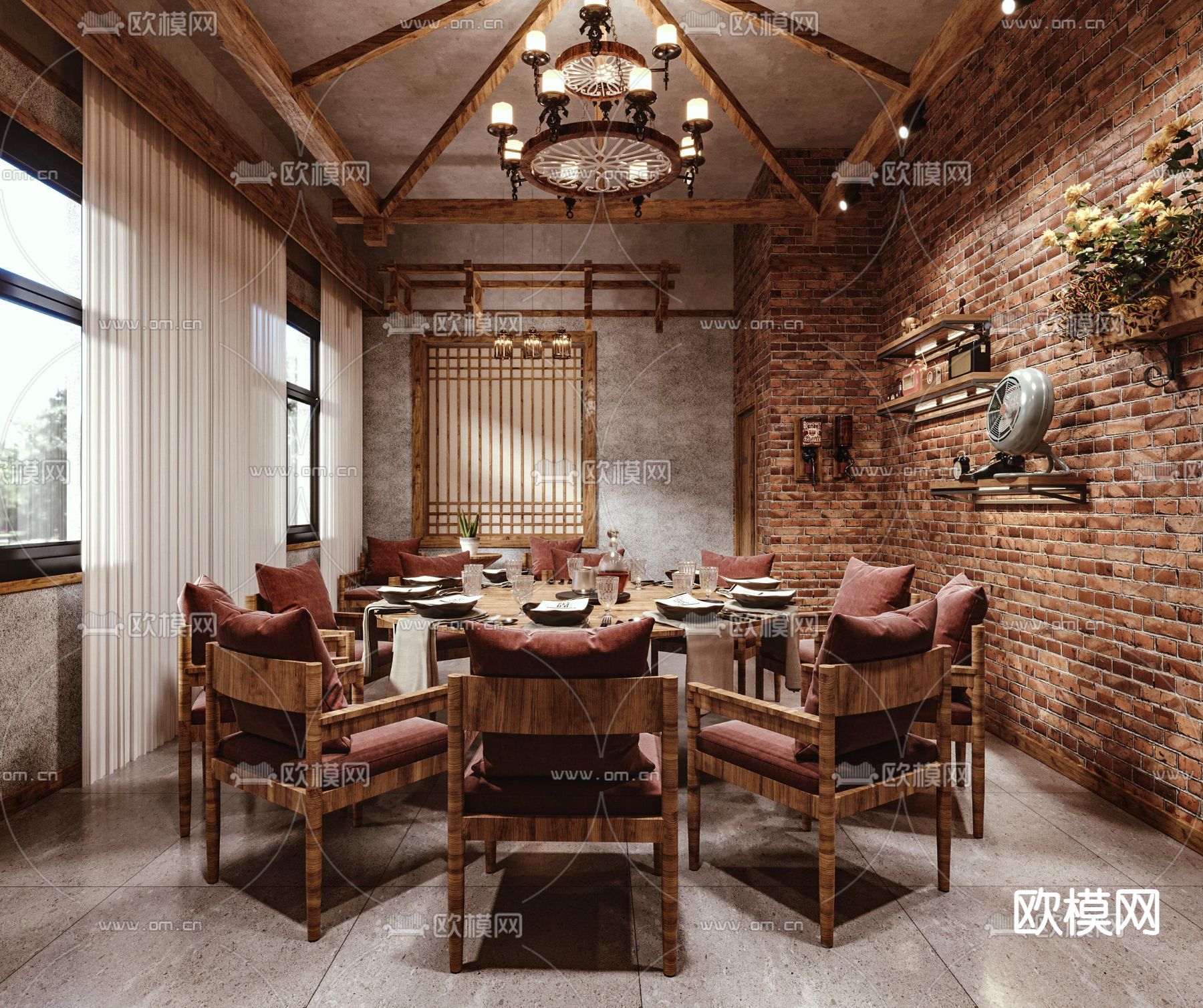 工业风餐厅包房3d模型