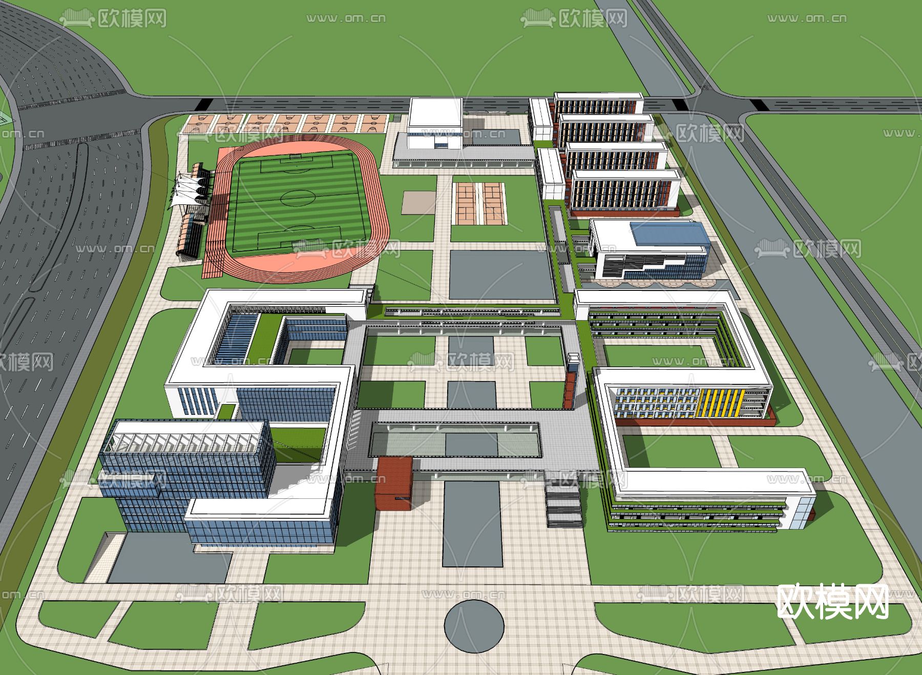 现代学校鸟瞰su模型下载（渲染图2）