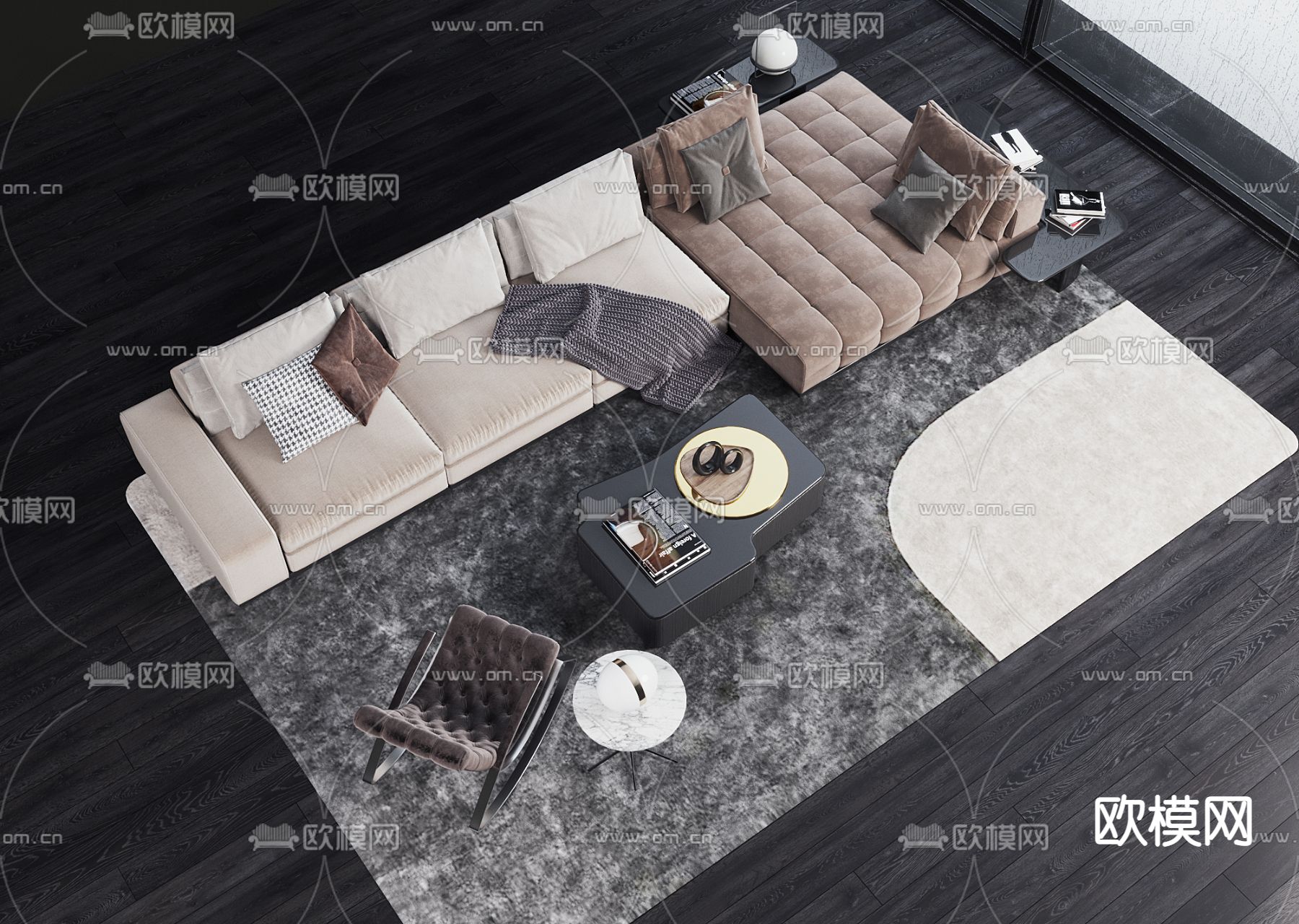 现代布艺转角沙发组合3d模型
