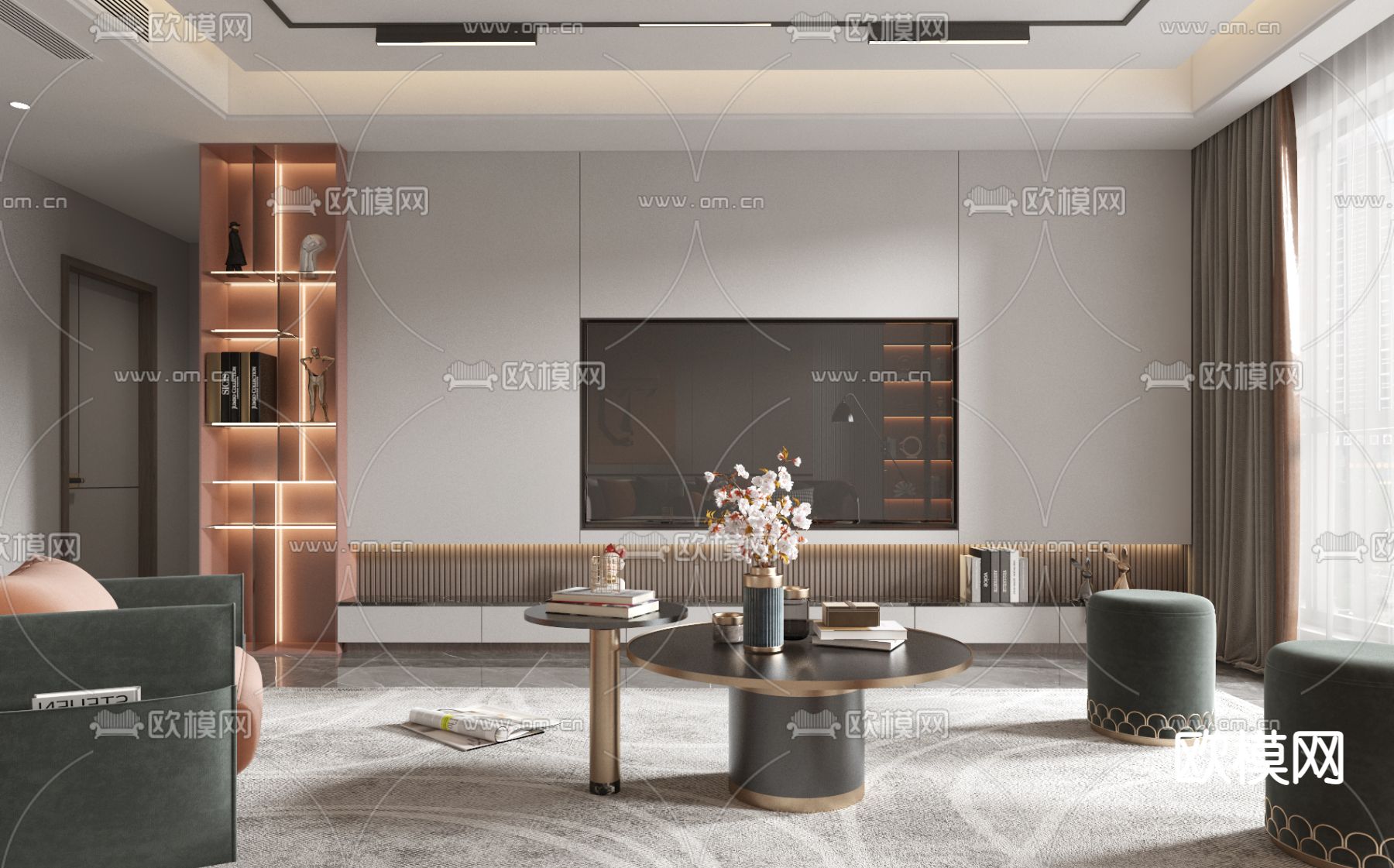 现代轻奢客厅3d模型下载（渲染图2）