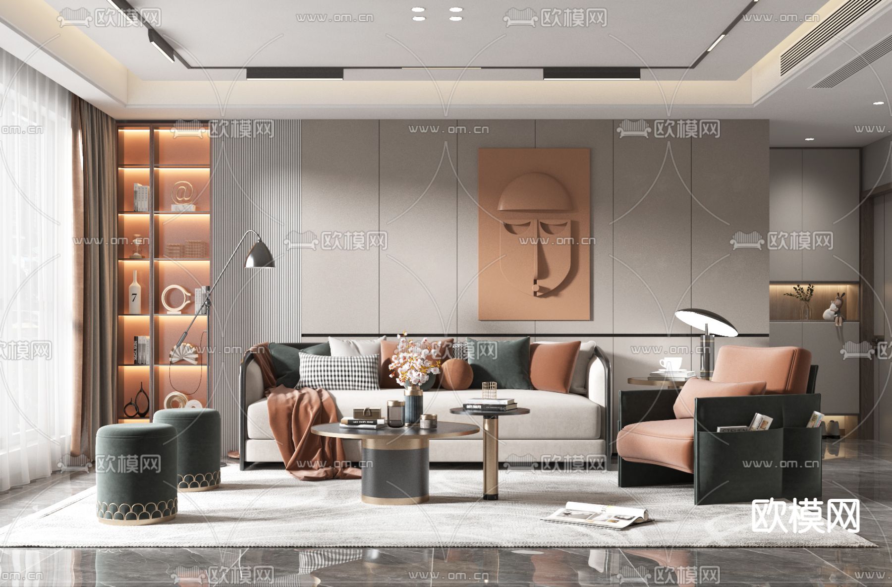 现代轻奢客厅3d模型下载（渲染图1）