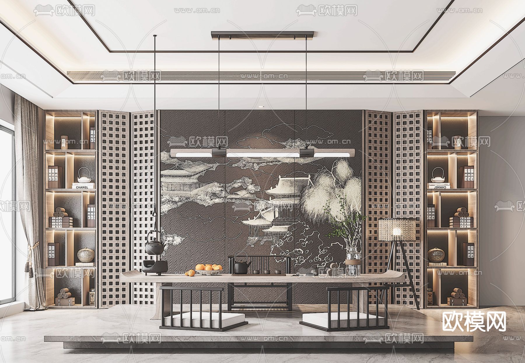 新中式榻榻米茶室su模型